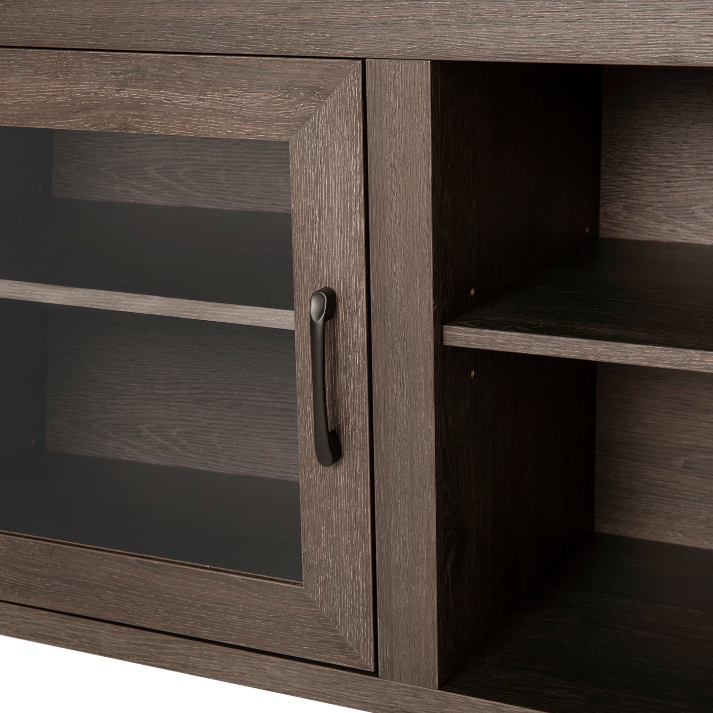 Sheffield Classic TV Stand up to 80" TVs - Modern Black Wash Finish with Full Glass Doors - 65" Engineered Wood Frame - 3 Shelves Black Wash
