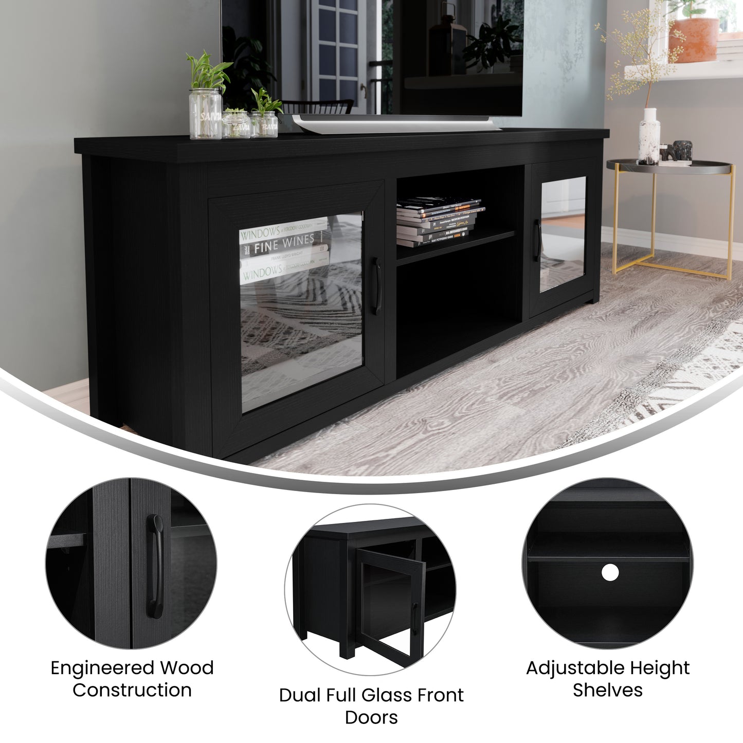 Sheffield Classic TV Stand for up to 80" TVs - Modern Black Finish with Full Glass Doors - 65" Engineered Wood Frame - 3 Shelves Black