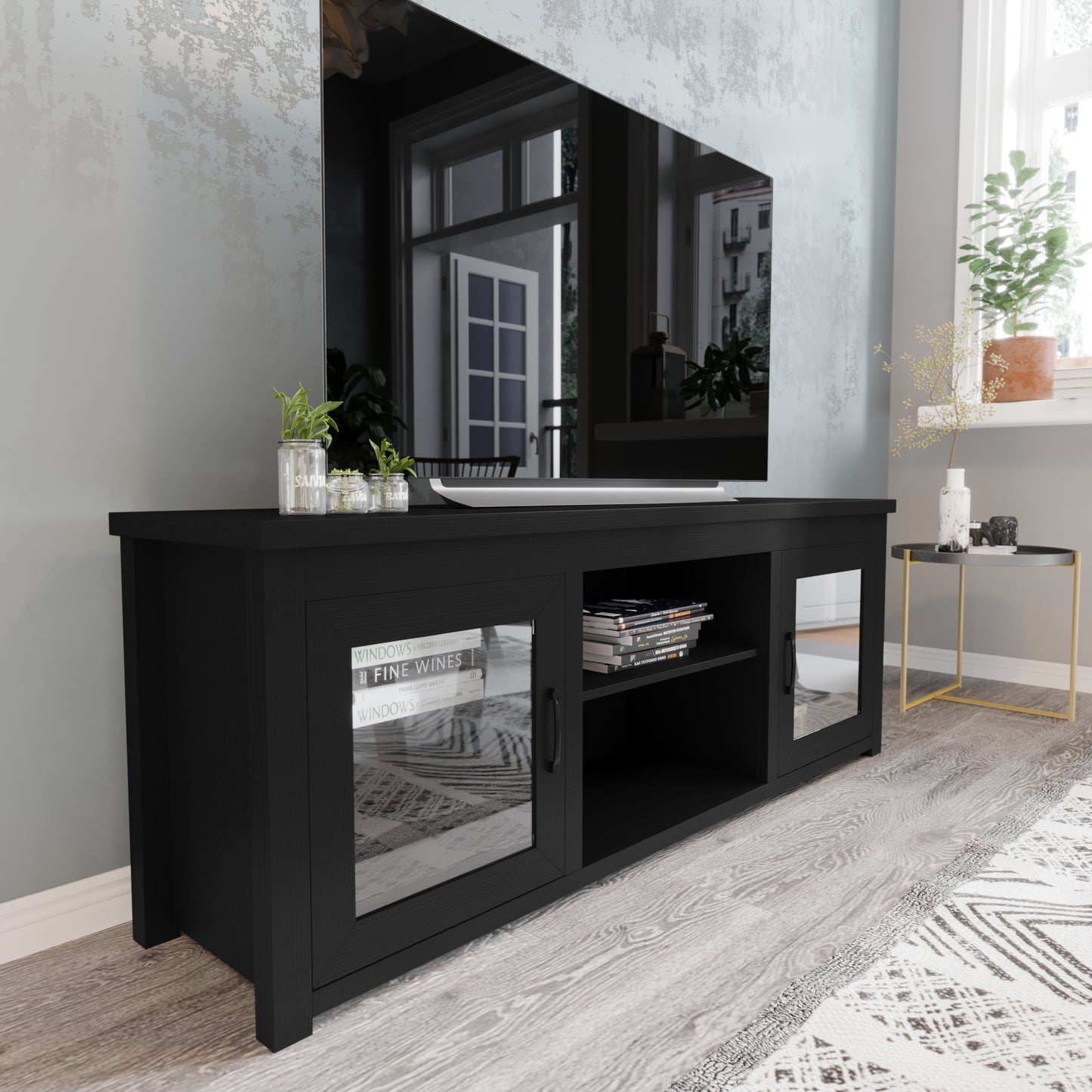 Sheffield Classic TV Stand for up to 80" TVs - Modern Black Finish with Full Glass Doors - 65" Engineered Wood Frame - 3 Shelves Black