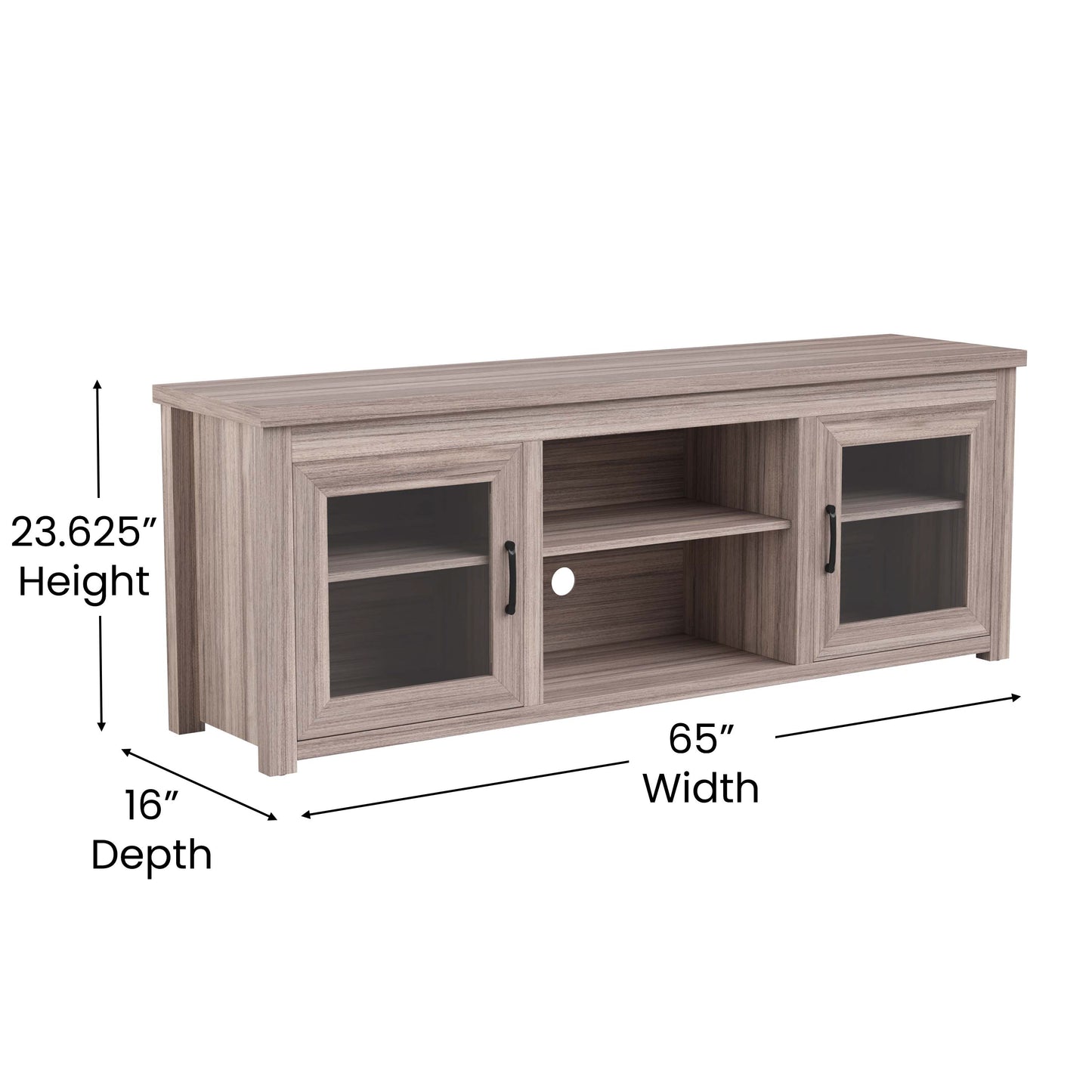 Sheffield Classic TV Stand up to 80" TVs - Gray Wash Oak Finish with Full Glass Doors - 65" Engineered Wood Frame - 3 Shelves Gray Wash Oak