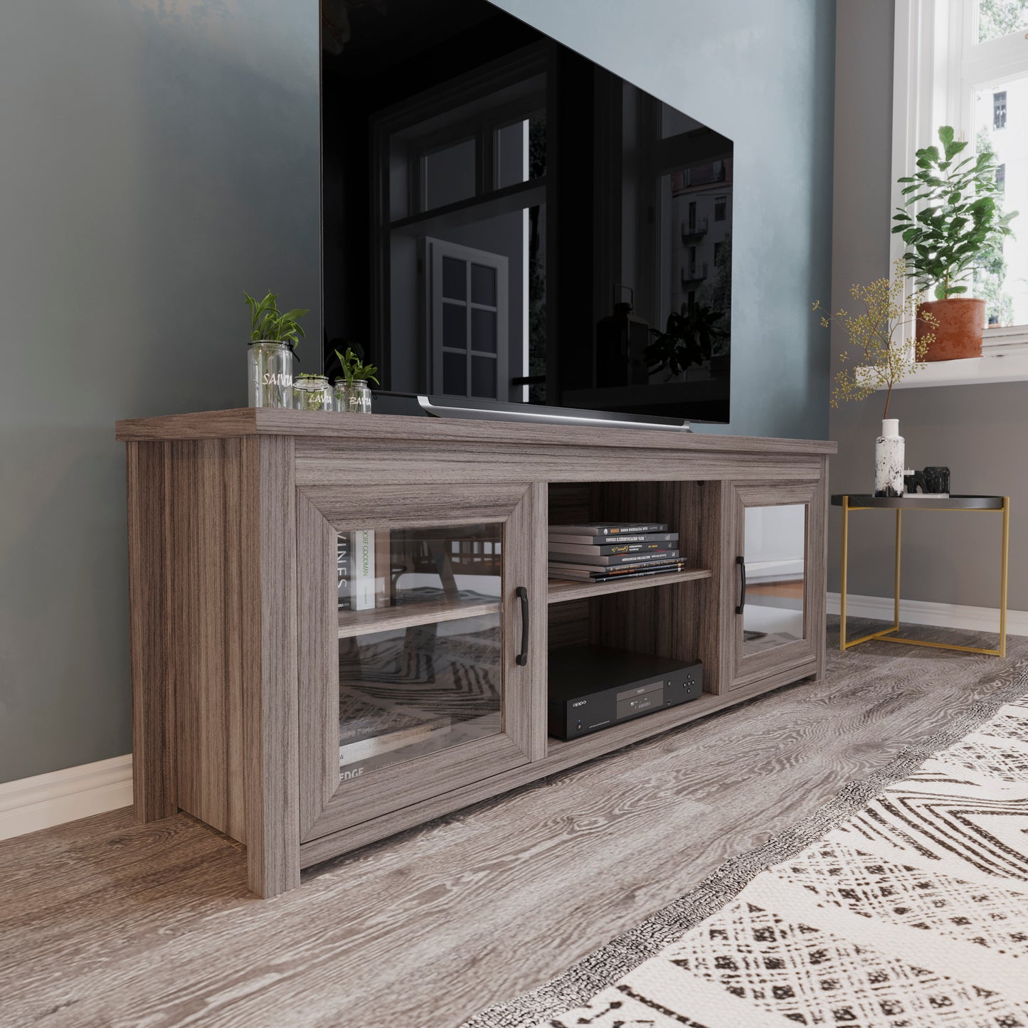 Sheffield Classic TV Stand up to 80" TVs - Gray Wash Oak Finish with Full Glass Doors - 65" Engineered Wood Frame - 3 Shelves Gray Wash Oak