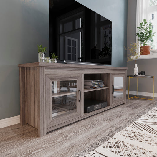 Sheffield Classic TV Stand up to 80" TVs - Gray Wash Oak Finish with Full Glass Doors - 65" Engineered Wood Frame - 3 Shelves Gray Wash Oak