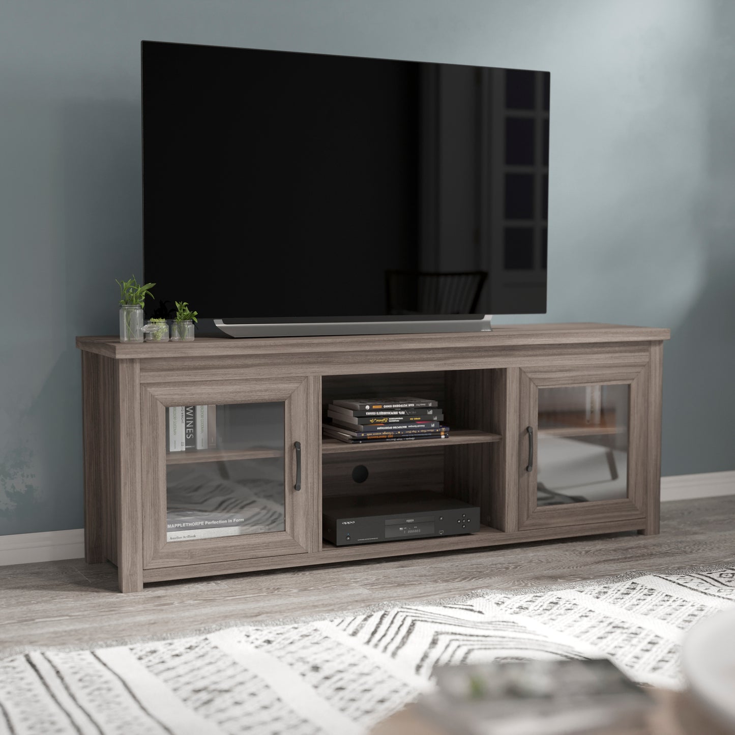 Sheffield Classic TV Stand up to 80" TVs - Gray Wash Oak Finish with Full Glass Doors - 65" Engineered Wood Frame - 3 Shelves Gray Wash Oak