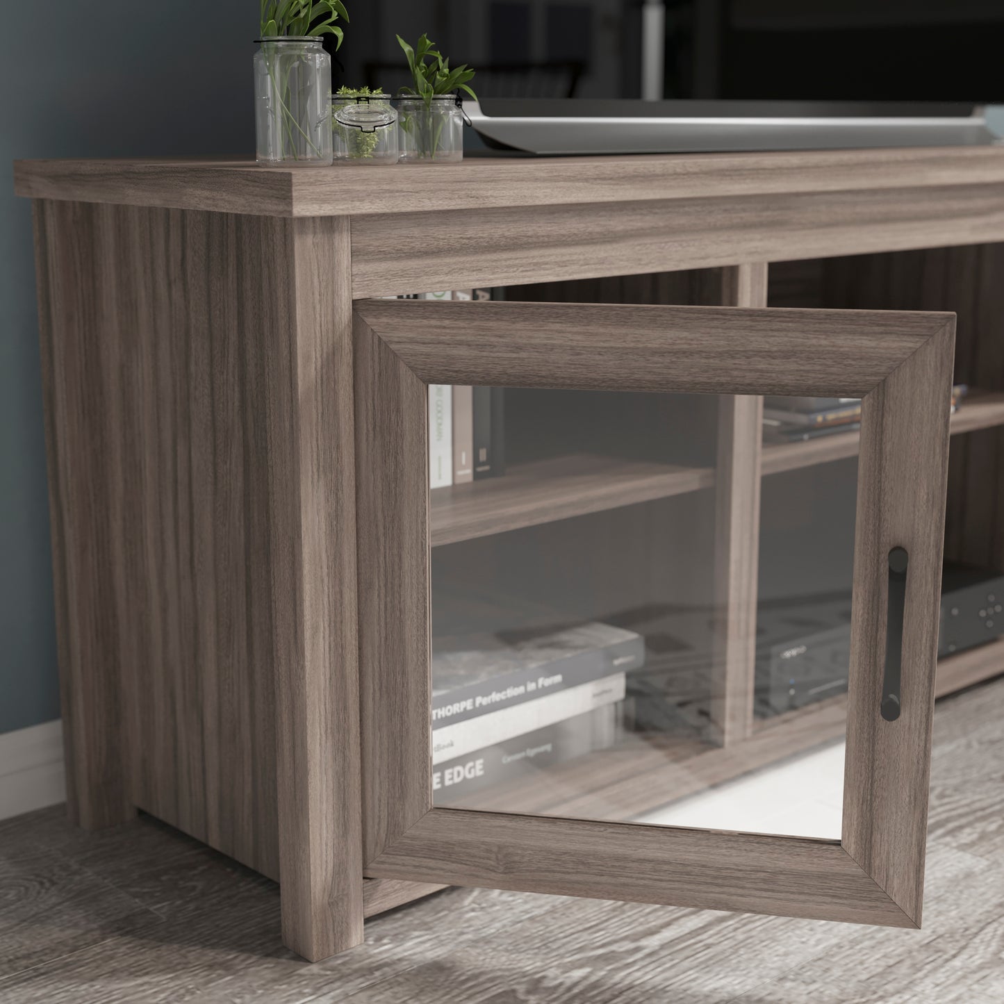 Sheffield Classic TV Stand up to 80" TVs - Gray Wash Oak Finish with Full Glass Doors - 65" Engineered Wood Frame - 3 Shelves Gray Wash Oak