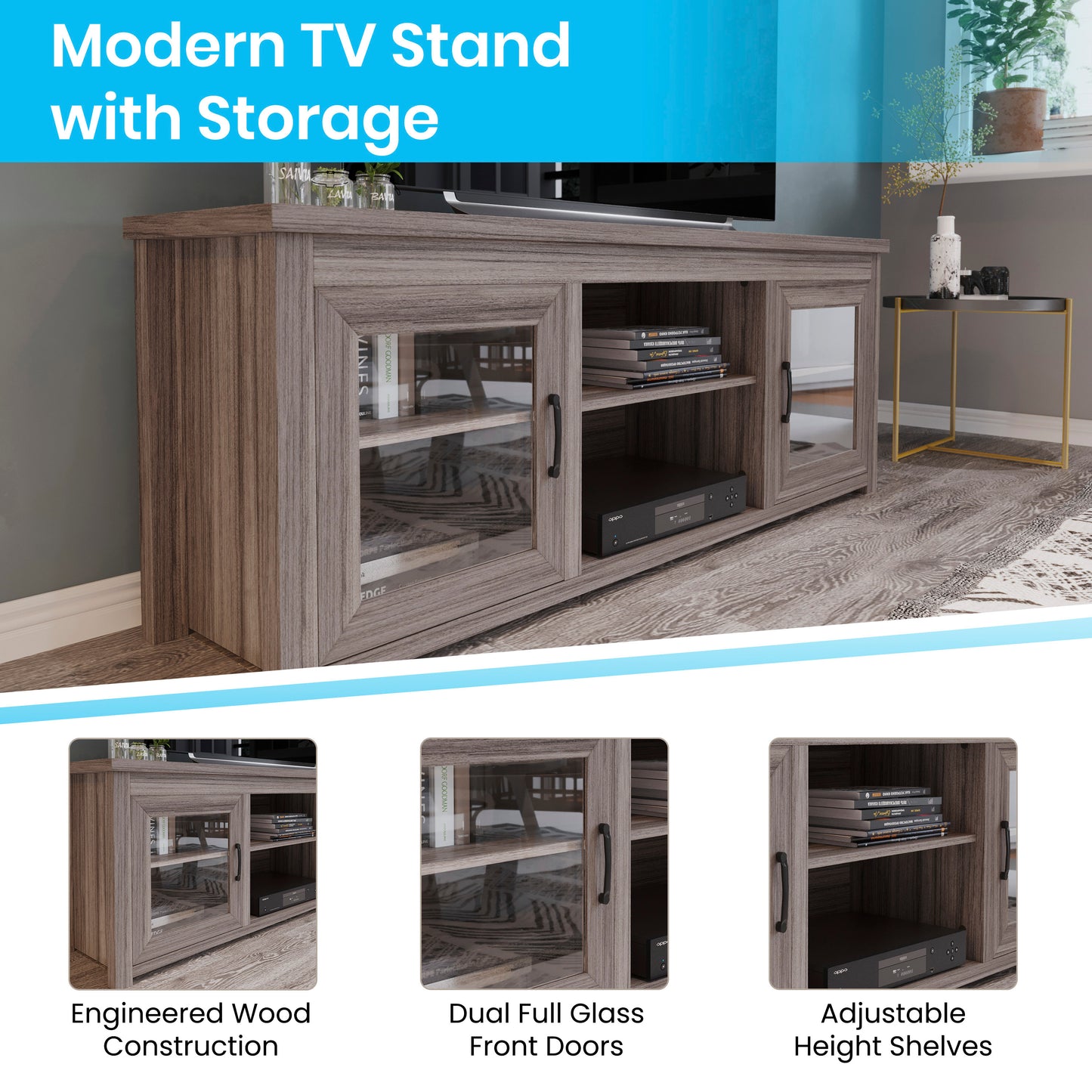Sheffield Classic TV Stand up to 80" TVs - Gray Wash Oak Finish with Full Glass Doors - 65" Engineered Wood Frame - 3 Shelves Gray Wash Oak