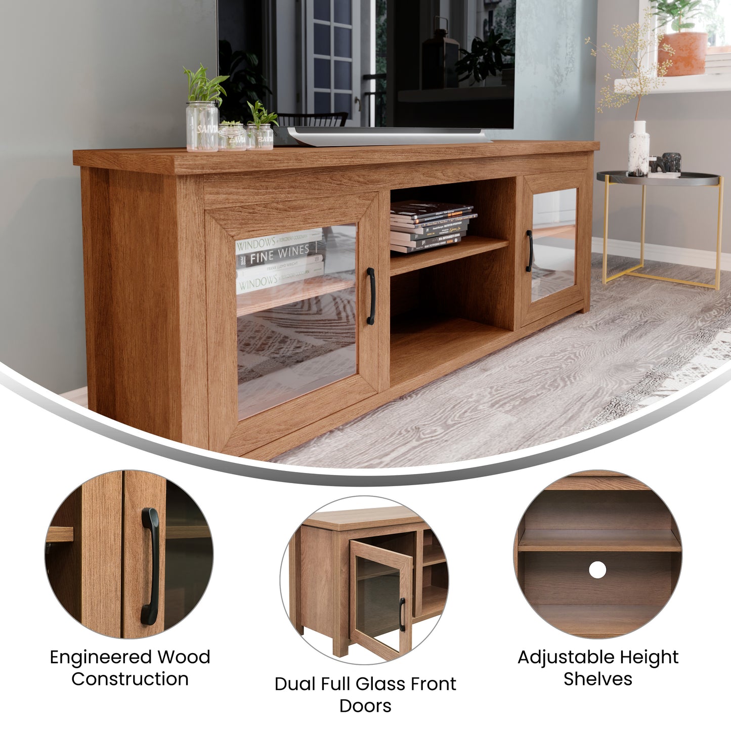 Sheffield Classic TV Stand for up to 80" TVs - Modern Walnut Finish with Full Glass Doors - 65" Engineered Wood Frame - 3 Shelves Walnut