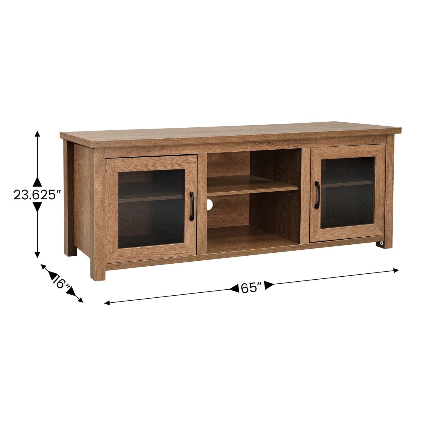 Sheffield Classic TV Stand for up to 80" TVs - Modern Walnut Finish with Full Glass Doors - 65" Engineered Wood Frame - 3 Shelves Walnut