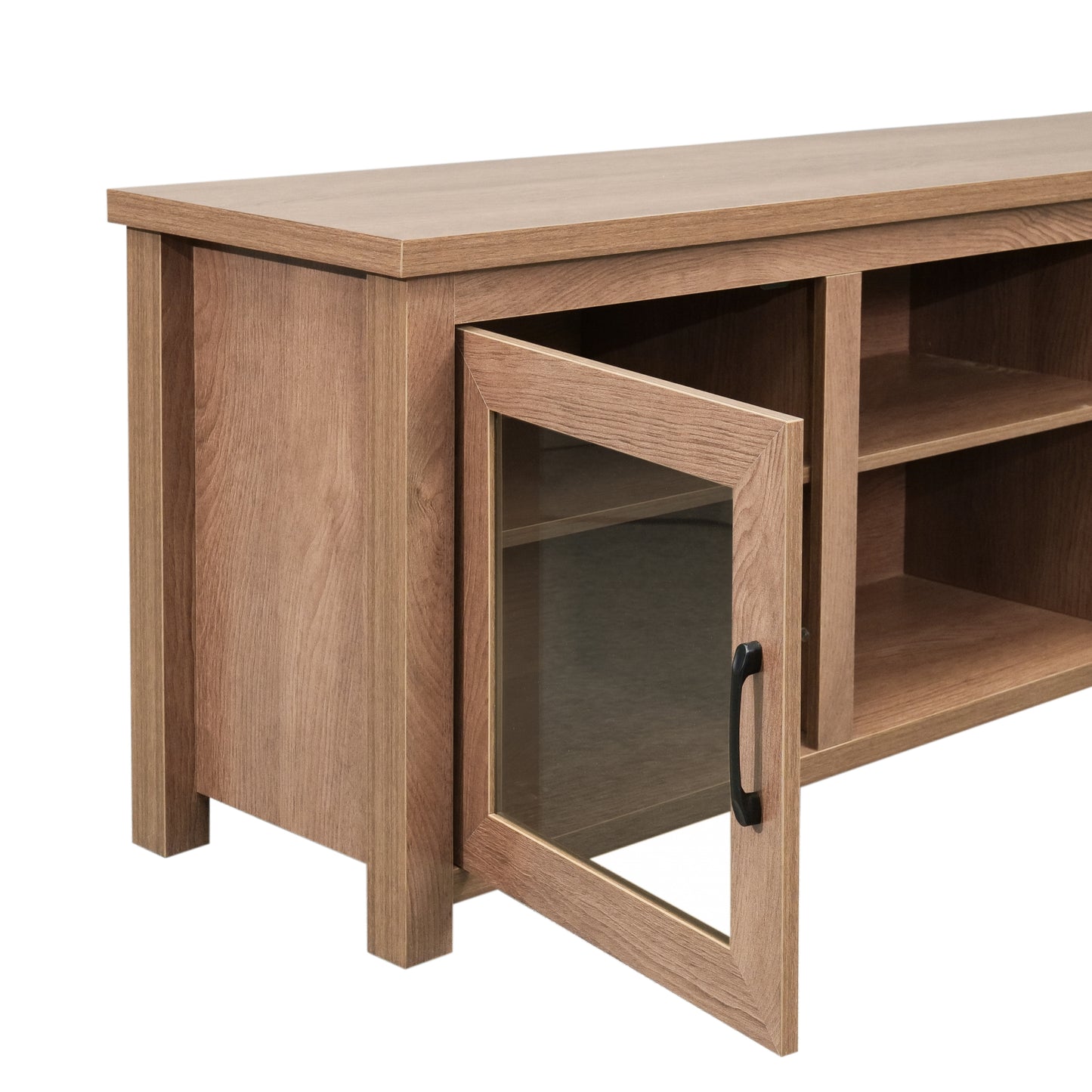 Sheffield Classic TV Stand for up to 80" TVs - Modern Walnut Finish with Full Glass Doors - 65" Engineered Wood Frame - 3 Shelves Walnut