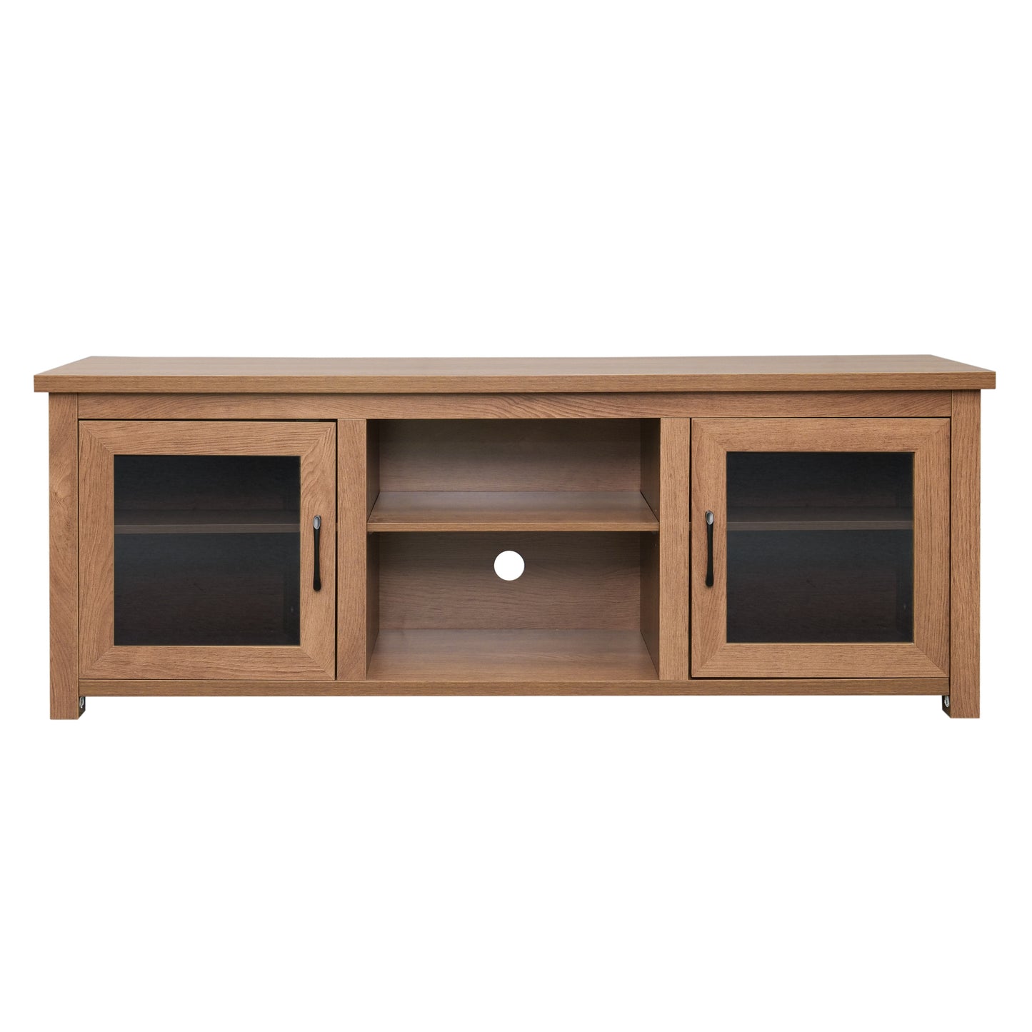 Sheffield Classic TV Stand for up to 80" TVs - Modern Walnut Finish with Full Glass Doors - 65" Engineered Wood Frame - 3 Shelves Walnut