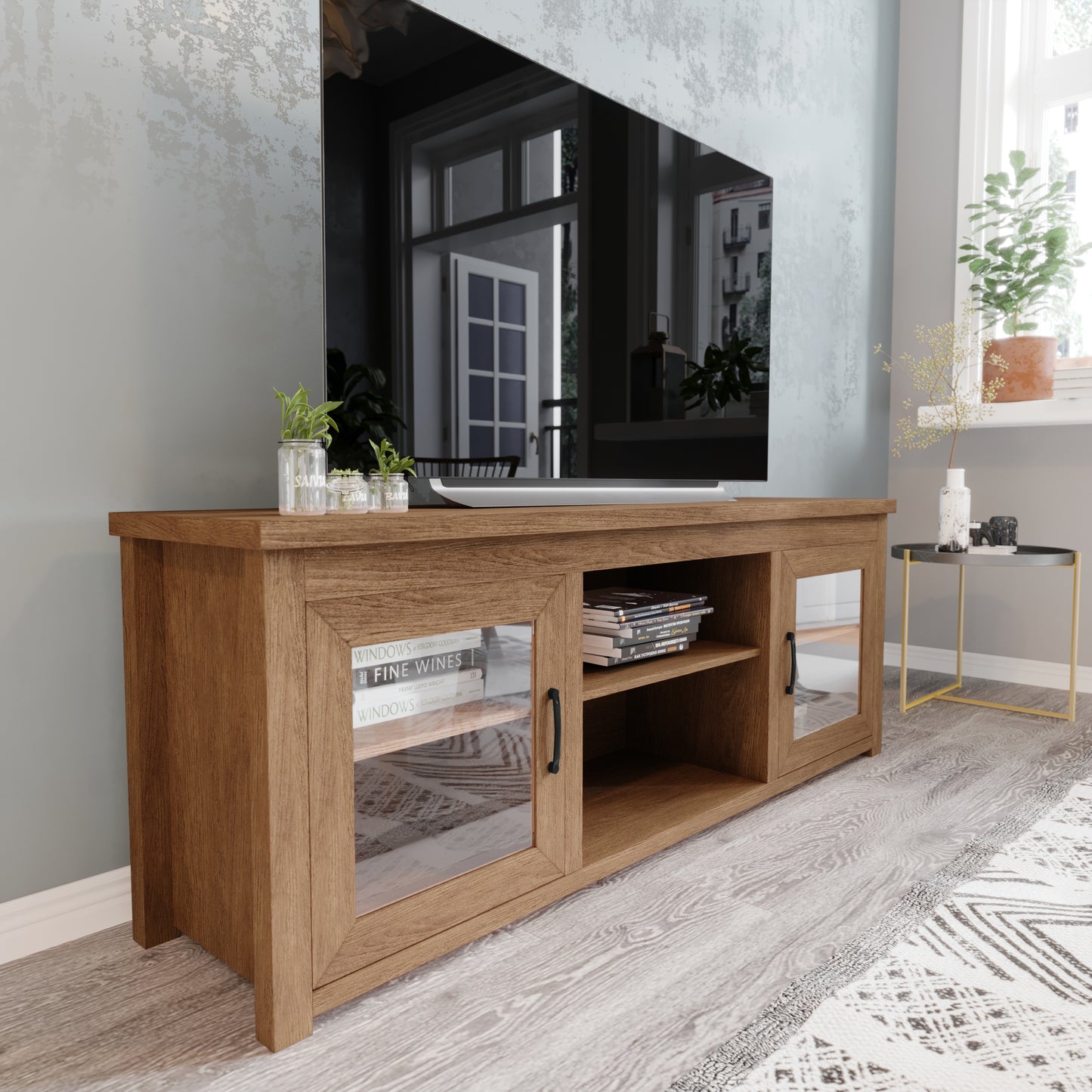 Sheffield Classic TV Stand for up to 80" TVs - Modern Walnut Finish with Full Glass Doors - 65" Engineered Wood Frame - 3 Shelves Walnut