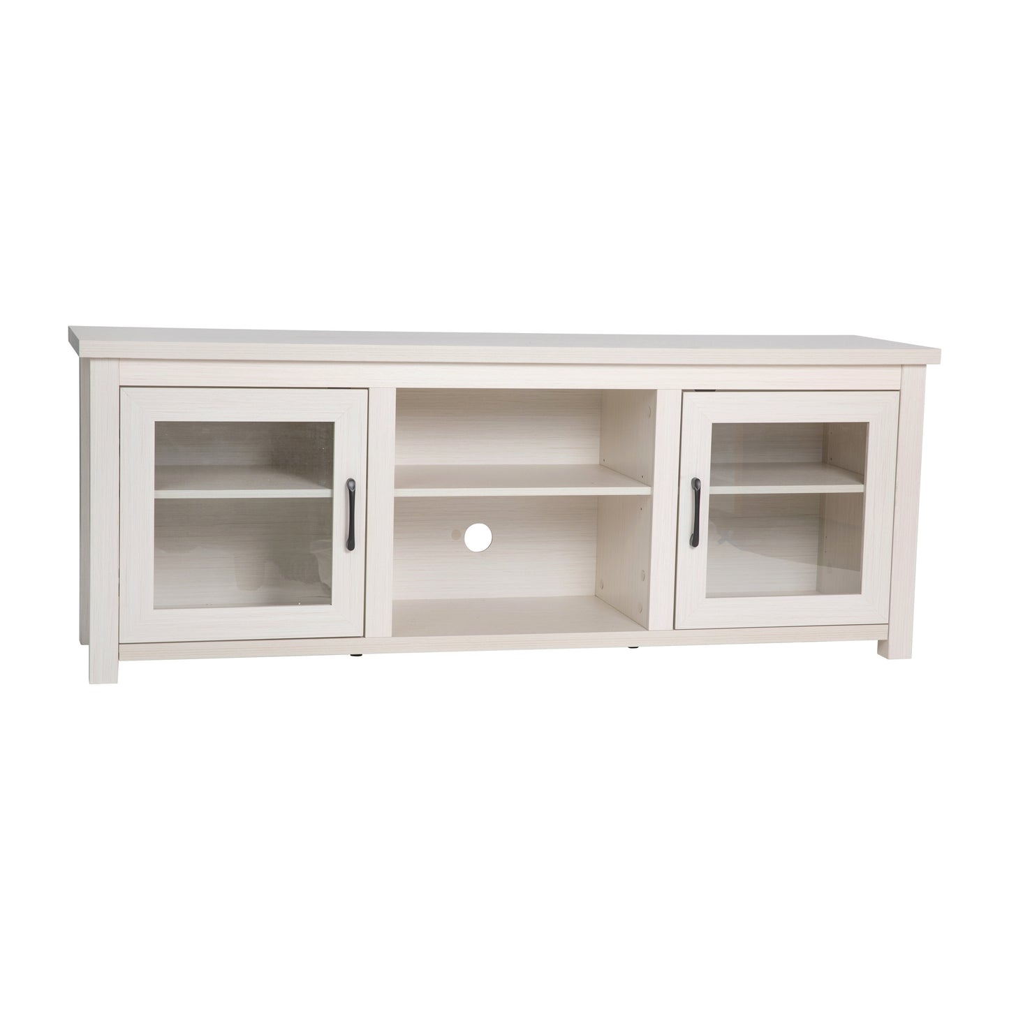 Sheffield Classic TV Stand up to 80" TVs - Modern White Wash Finish with Full Glass Doors - 65" Engineered Wood Frame - 3 Shelves White Wash