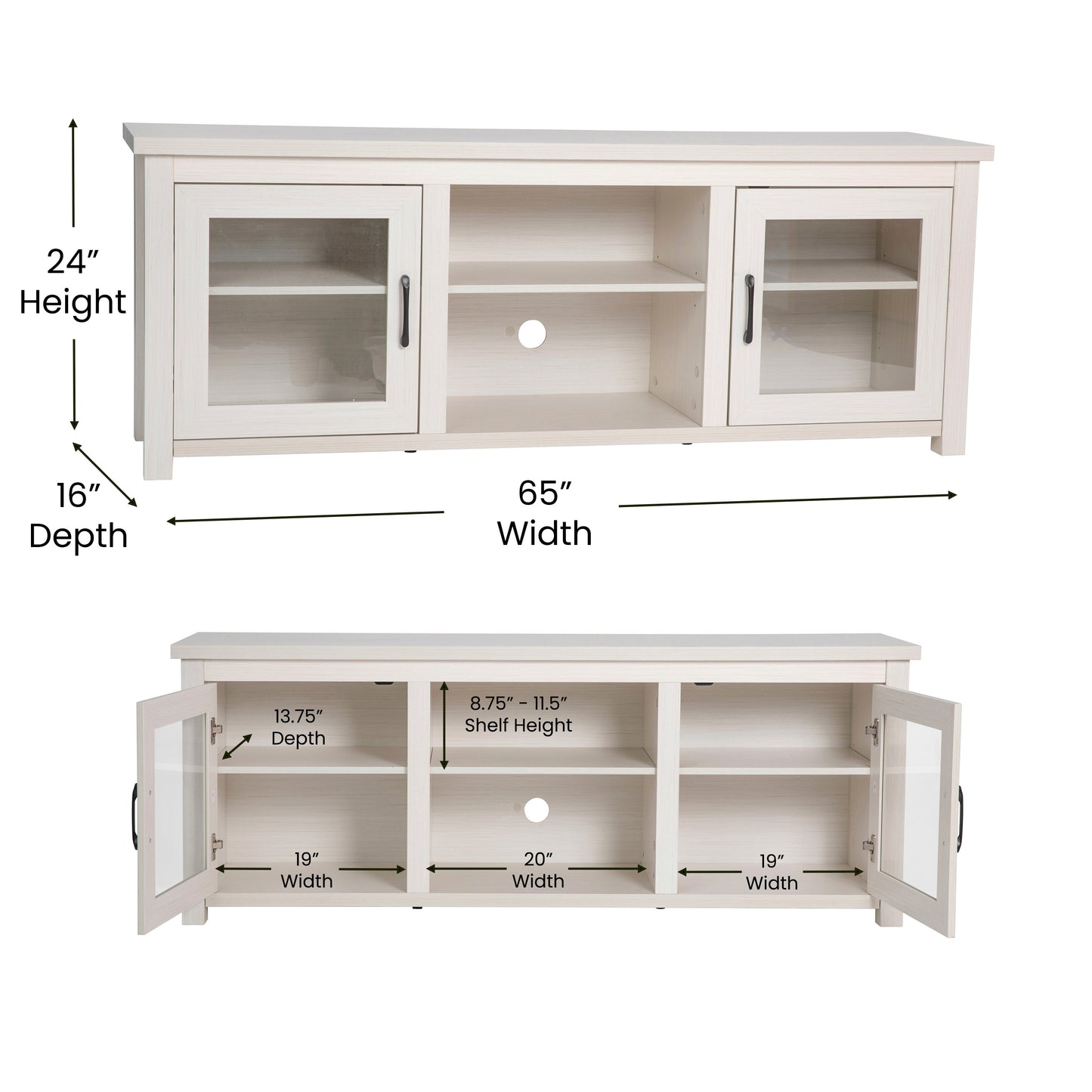 Sheffield Classic TV Stand up to 80" TVs - Modern White Wash Finish with Full Glass Doors - 65" Engineered Wood Frame - 3 Shelves White Wash