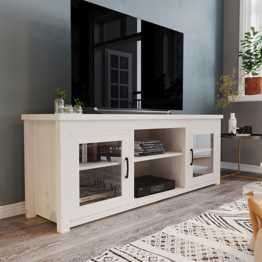 Sheffield Classic TV Stand up to 80" TVs - Modern White Wash Finish with Full Glass Doors - 65" Engineered Wood Frame - 3 Shelves White Wash