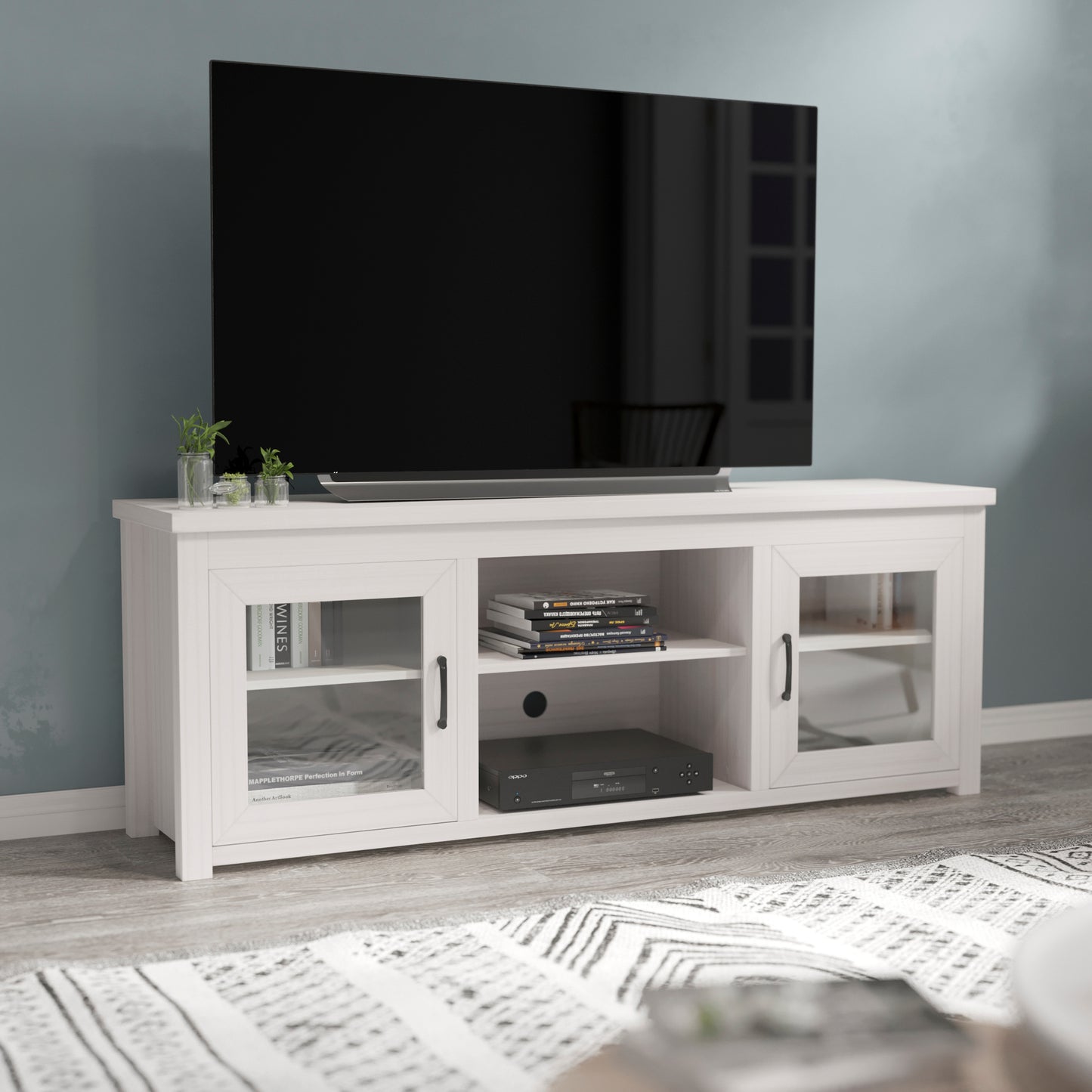 Sheffield Classic TV Stand up to 80" TVs - Modern White Wash Finish with Full Glass Doors - 65" Engineered Wood Frame - 3 Shelves White Wash