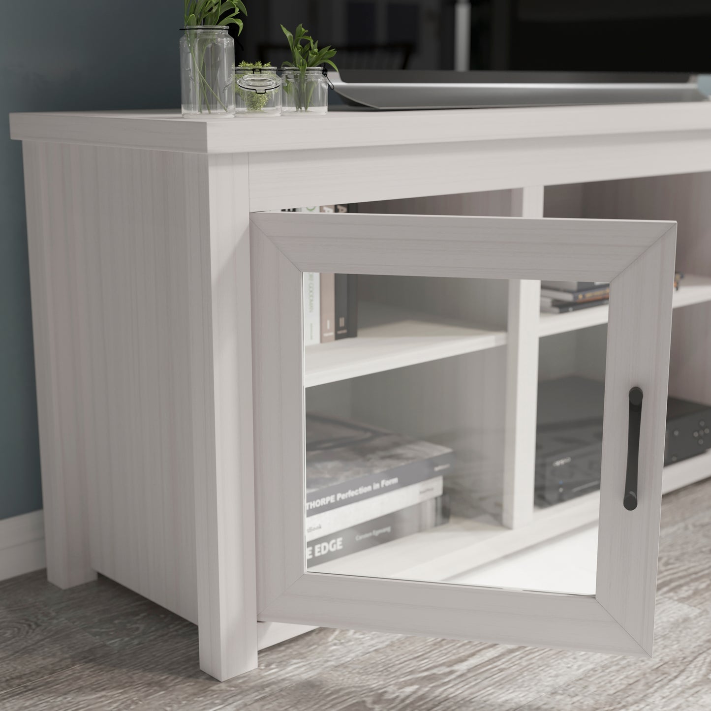 Sheffield Classic TV Stand up to 80" TVs - Modern White Wash Finish with Full Glass Doors - 65" Engineered Wood Frame - 3 Shelves White Wash