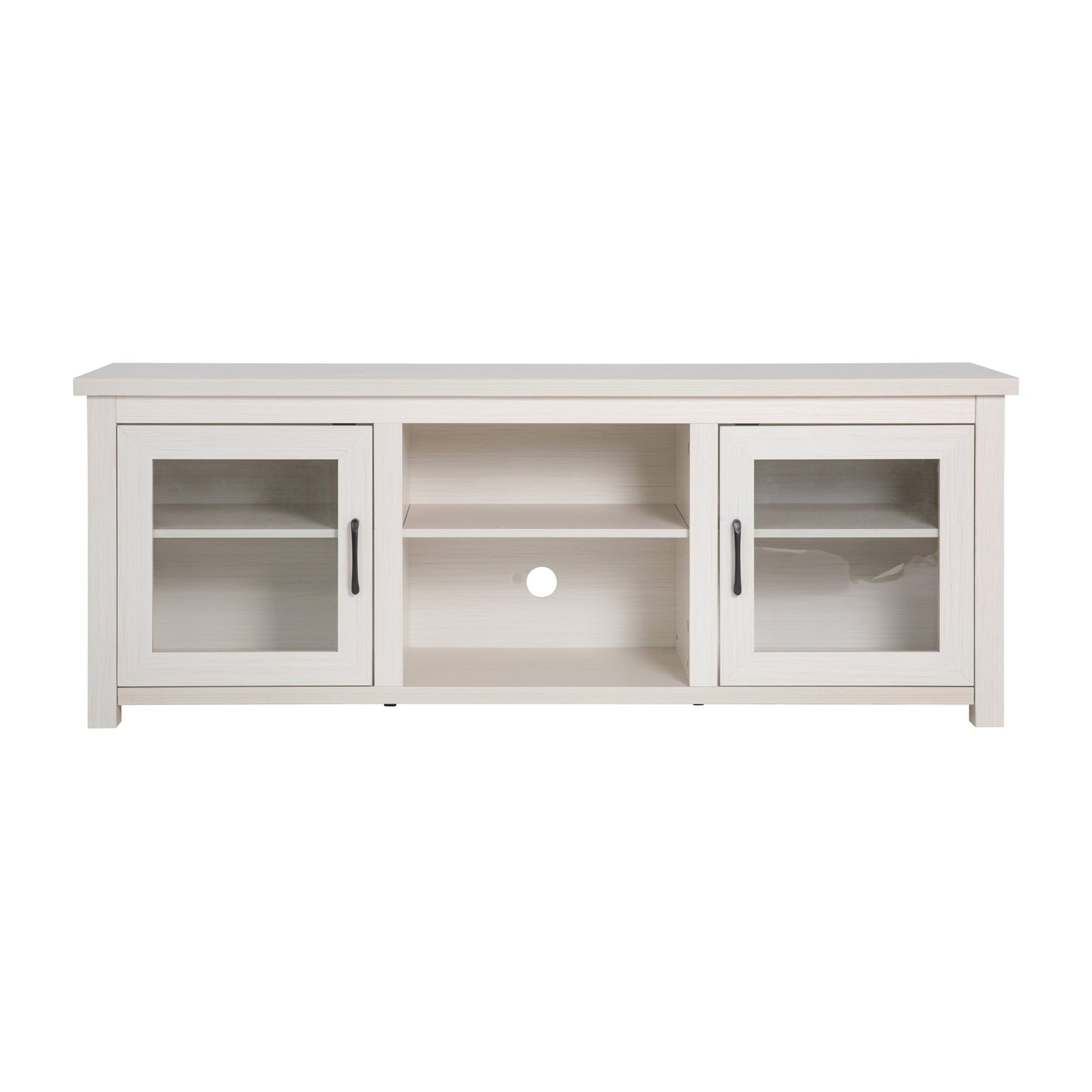 Sheffield Classic TV Stand up to 80" TVs - Modern White Wash Finish with Full Glass Doors - 65" Engineered Wood Frame - 3 Shelves White Wash