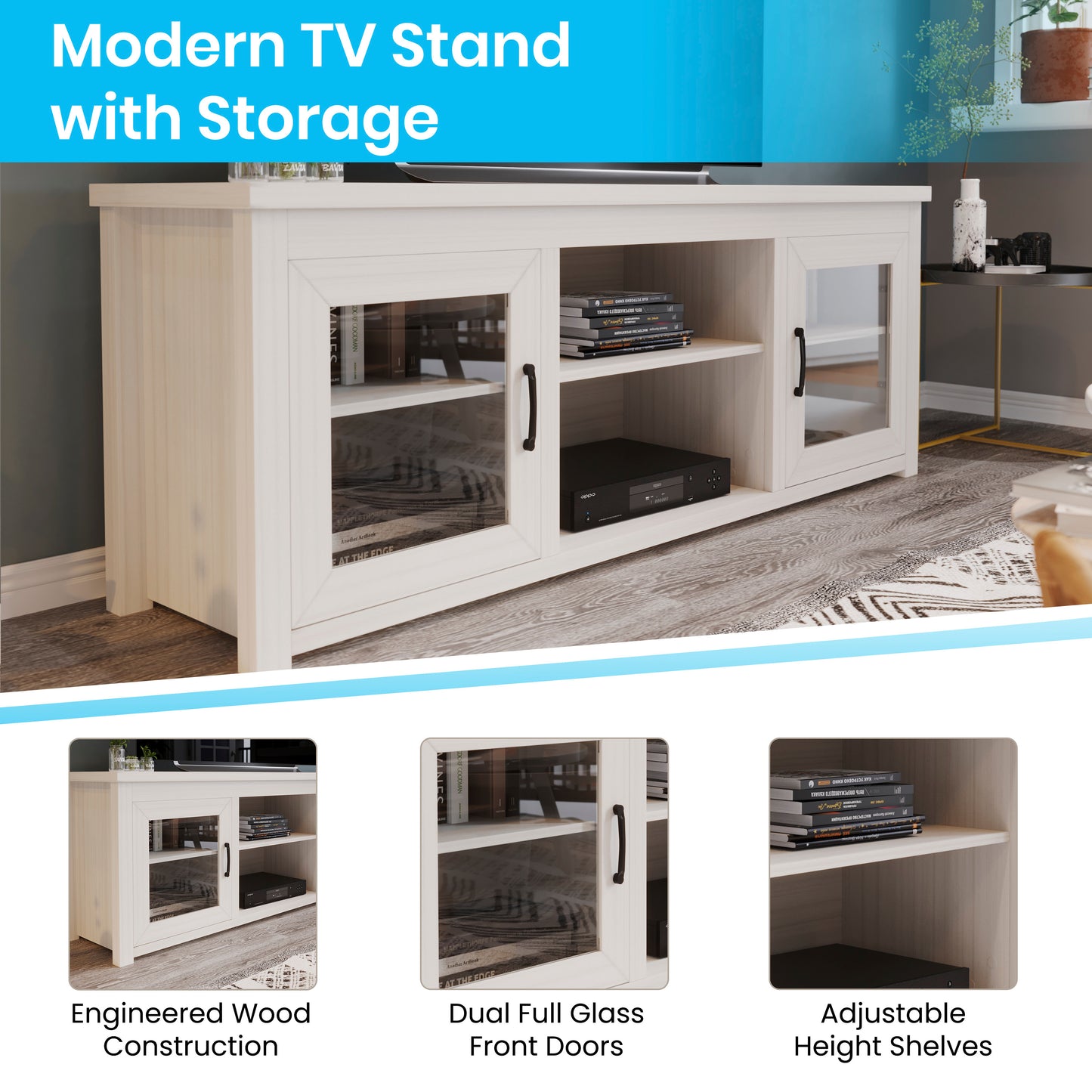 Sheffield Classic TV Stand up to 80" TVs - Modern White Wash Finish with Full Glass Doors - 65" Engineered Wood Frame - 3 Shelves White Wash