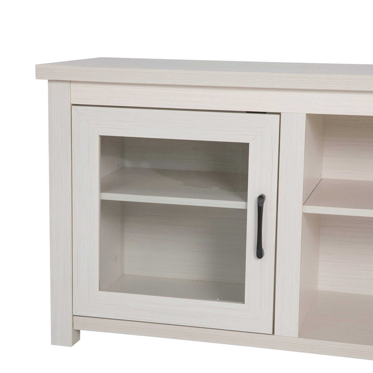 Sheffield Classic TV Stand up to 80" TVs - Modern White Wash Finish with Full Glass Doors - 65" Engineered Wood Frame - 3 Shelves White Wash
