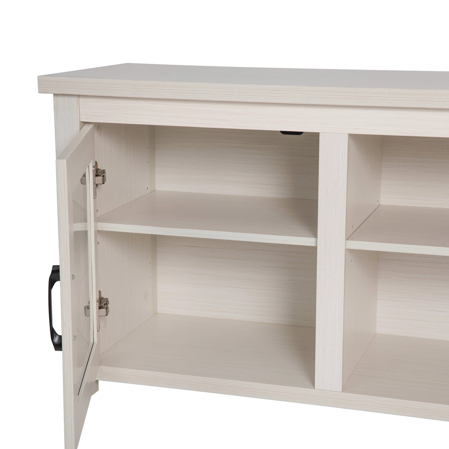 Sheffield Classic TV Stand up to 80" TVs - Modern White Wash Finish with Full Glass Doors - 65" Engineered Wood Frame - 3 Shelves White Wash