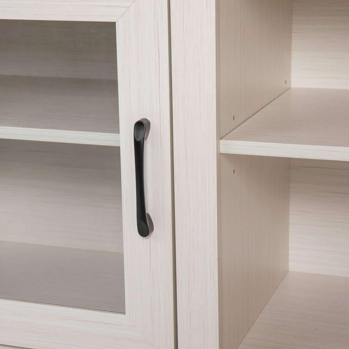 Sheffield Classic TV Stand up to 80" TVs - Modern White Wash Finish with Full Glass Doors - 65" Engineered Wood Frame - 3 Shelves White Wash