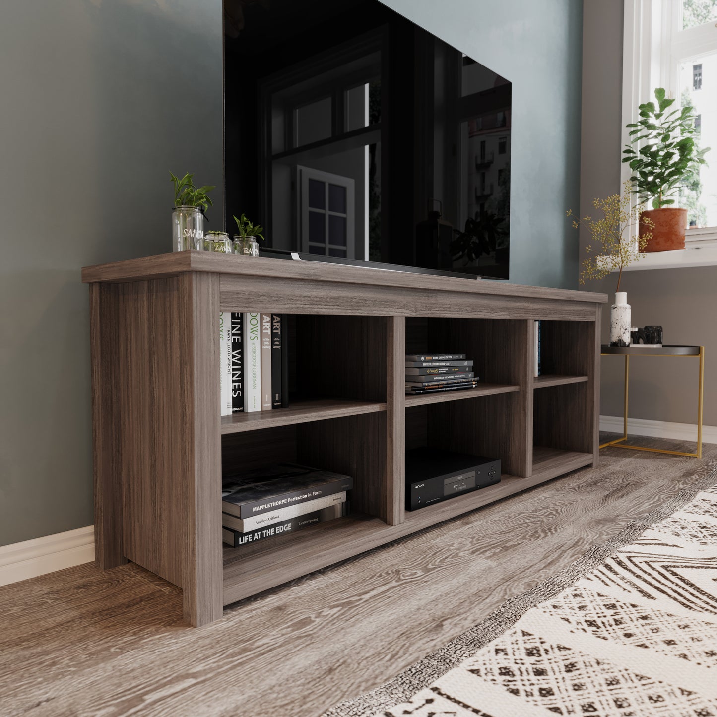 Kilead Farmhouse TV Stand up to 80" TVs - 65" Engineered Wood Framed Media Console with Open Storage in Gray Wash Oak Finish Gray Wash Oak