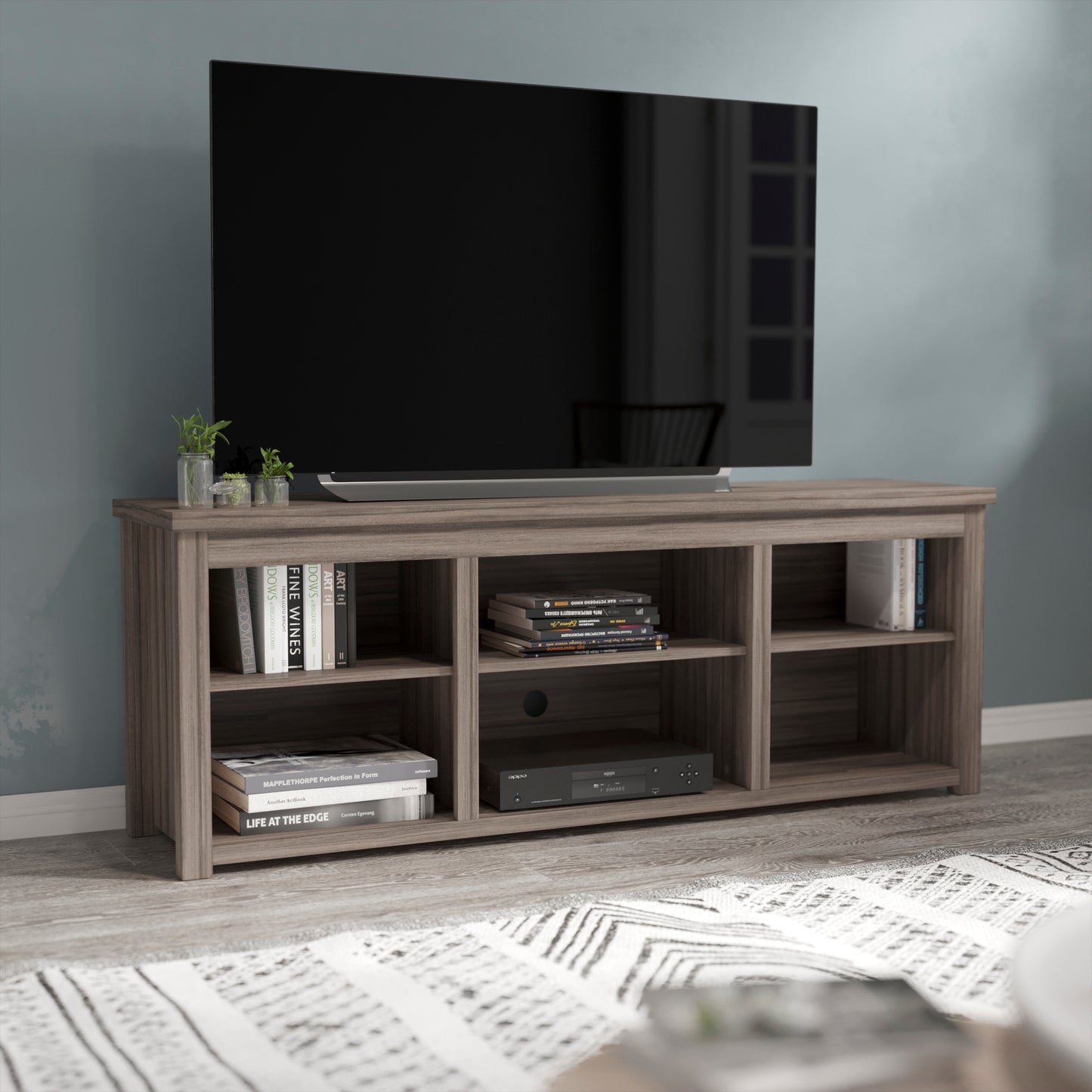 Kilead Farmhouse TV Stand up to 80" TVs - 65" Engineered Wood Framed Media Console with Open Storage in Gray Wash Oak Finish Gray Wash Oak