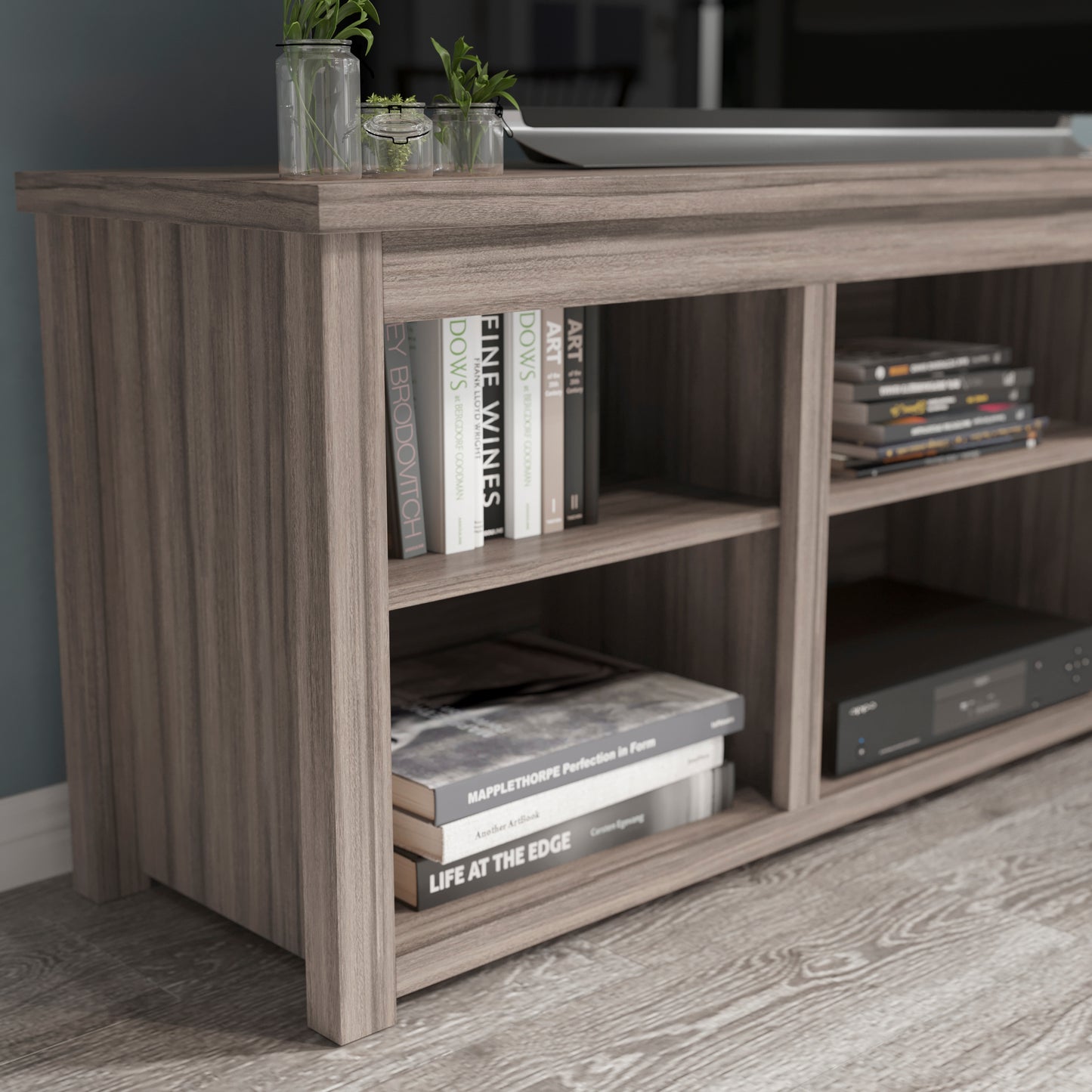 Kilead Farmhouse TV Stand up to 80" TVs - 65" Engineered Wood Framed Media Console with Open Storage in Gray Wash Oak Finish Gray Wash Oak