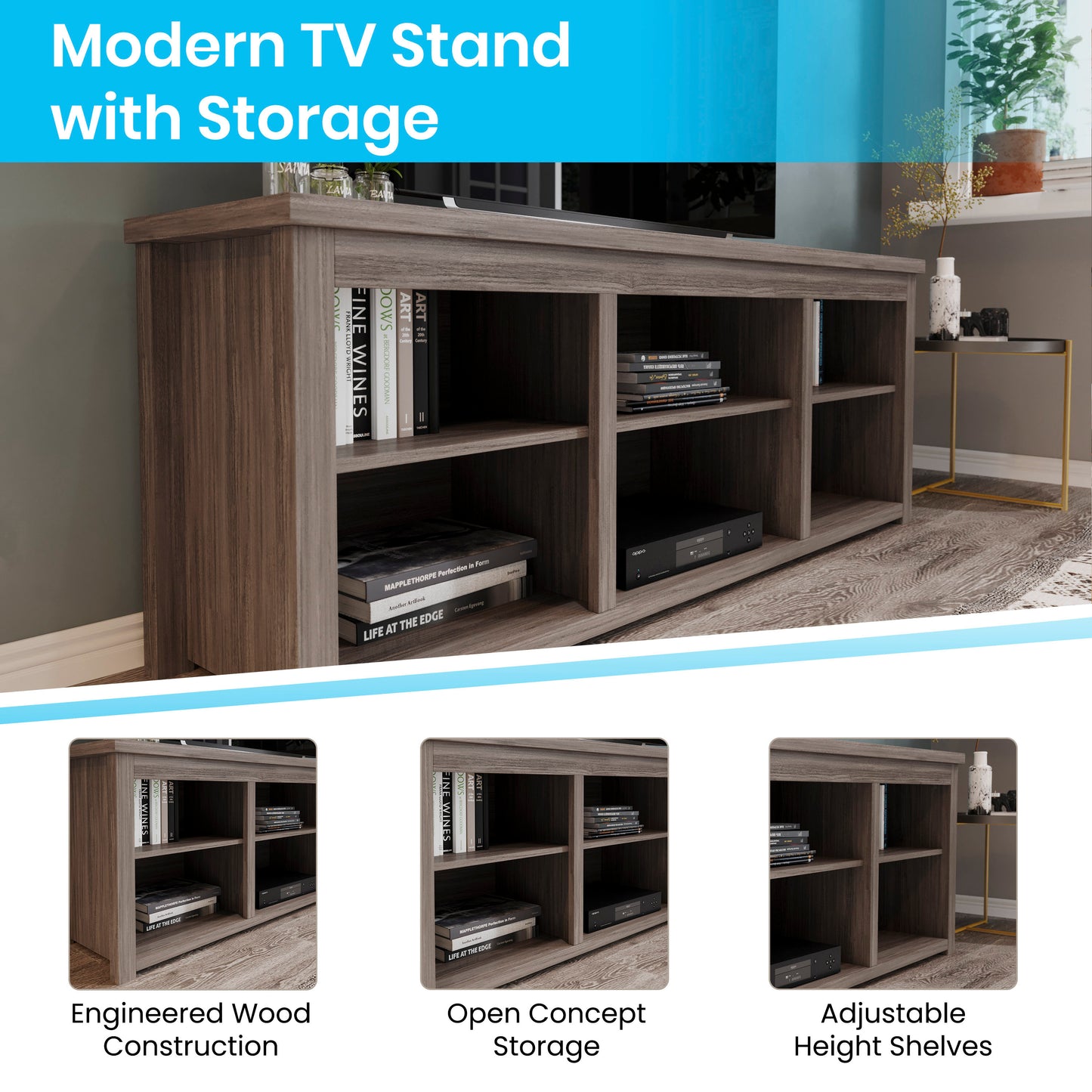 Kilead Farmhouse TV Stand up to 80" TVs - 65" Engineered Wood Framed Media Console with Open Storage in Gray Wash Oak Finish Gray Wash Oak