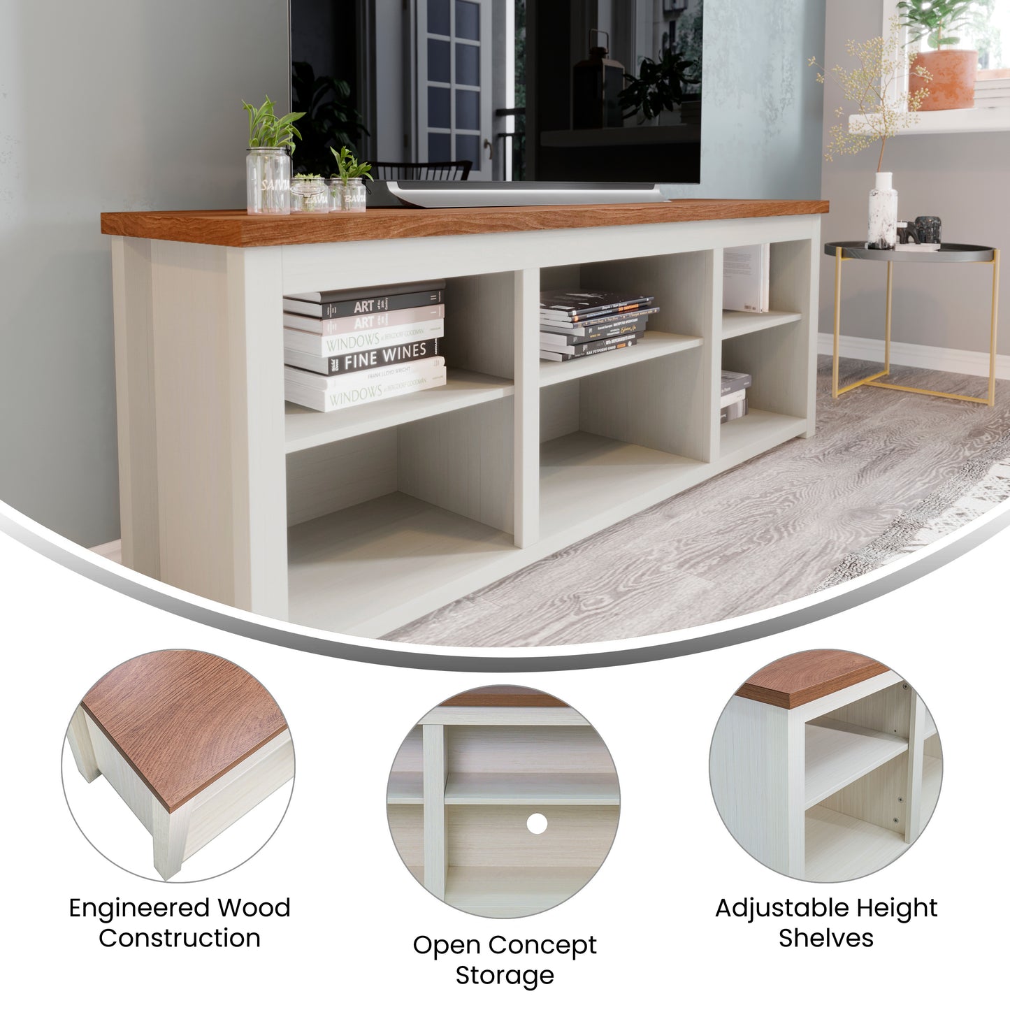 Kilead Farmhouse TV Stand for up to 80" TVs - 65" Engineered Wood Framed Media Console with Open Storage in Modern White Finish with Walnut Top Walnut Top/White Frame