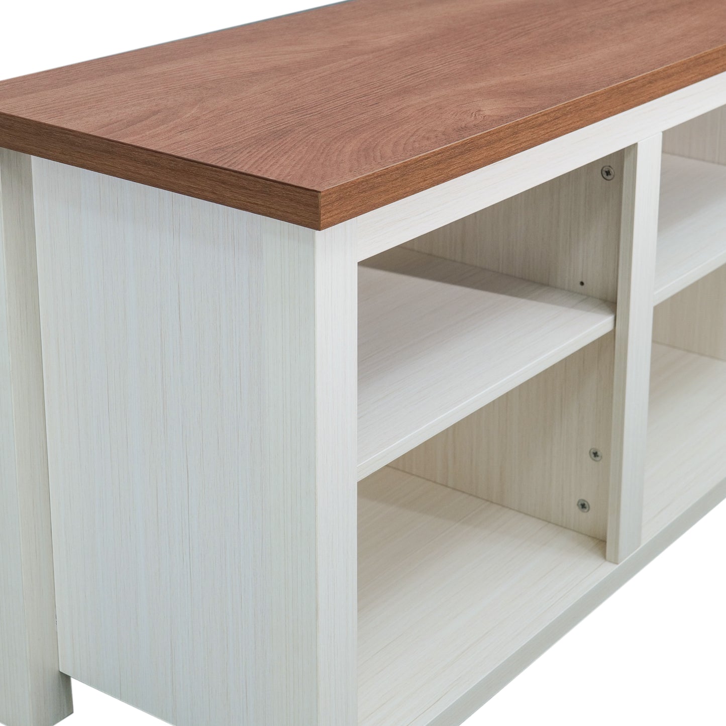Kilead Farmhouse TV Stand for up to 80" TVs - 65" Engineered Wood Framed Media Console with Open Storage in Modern White Finish with Walnut Top Walnut Top/White Frame