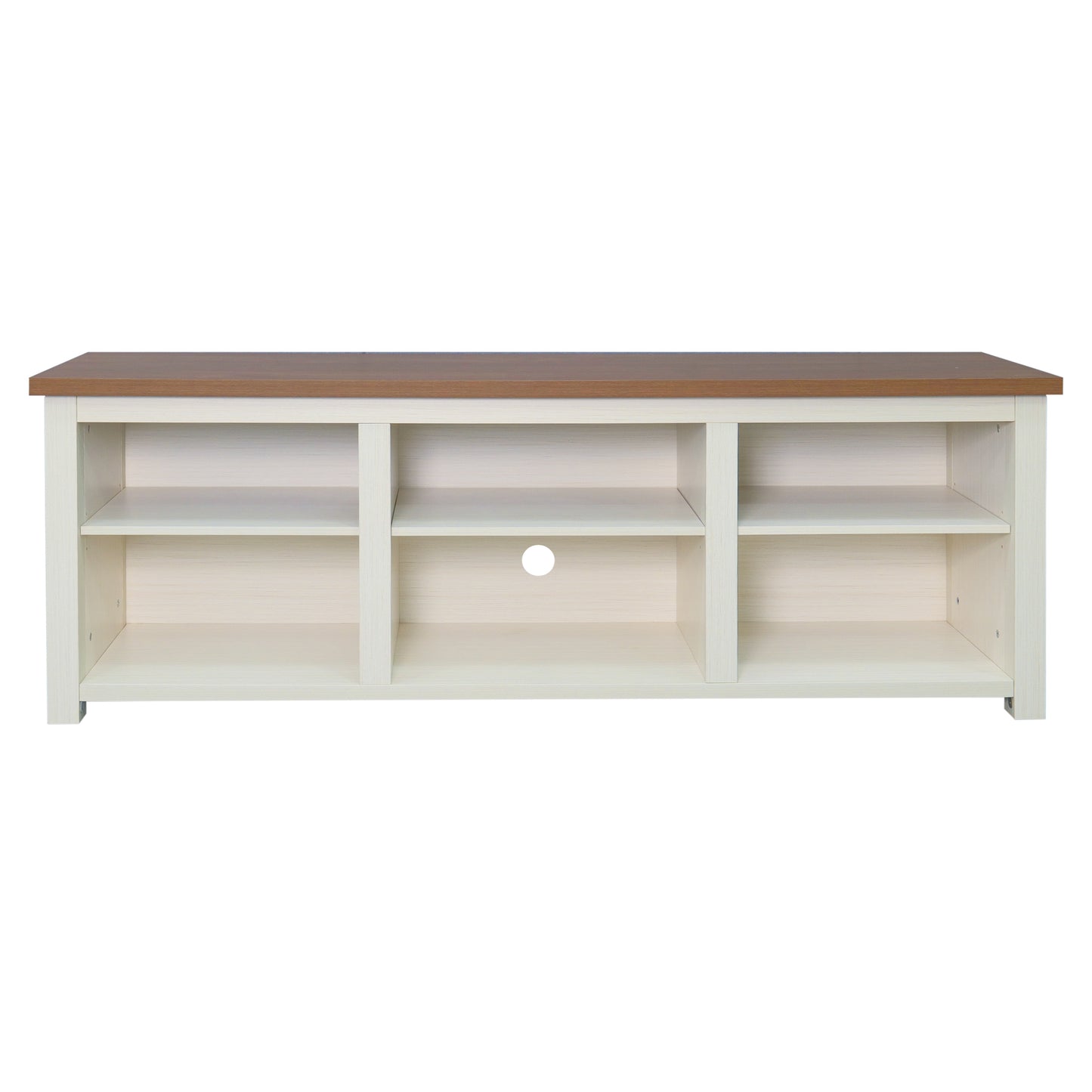 Kilead Farmhouse TV Stand for up to 80" TVs - 65" Engineered Wood Framed Media Console with Open Storage in Modern White Finish with Walnut Top Walnut Top/White Frame