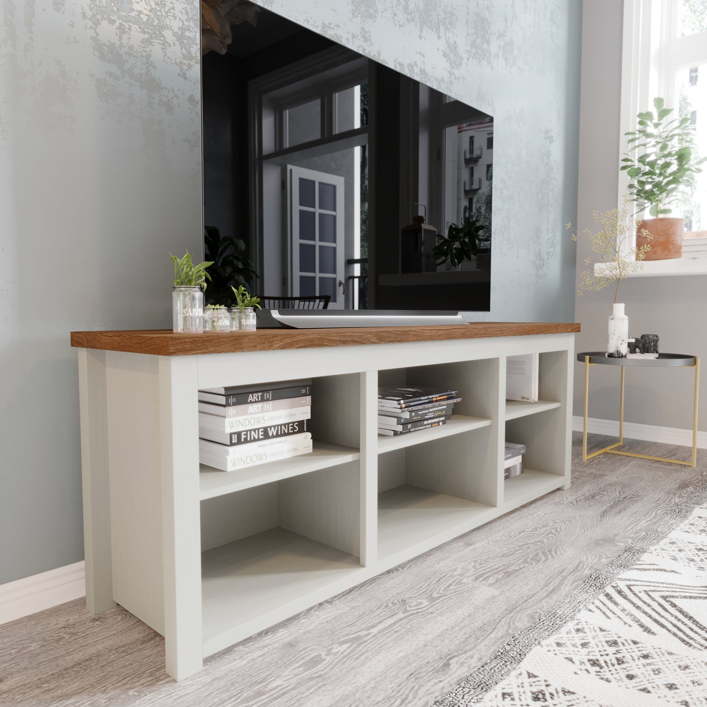 Kilead Farmhouse TV Stand for up to 80" TVs - 65" Engineered Wood Framed Media Console with Open Storage in Modern White Finish with Walnut Top Walnut Top/White Frame