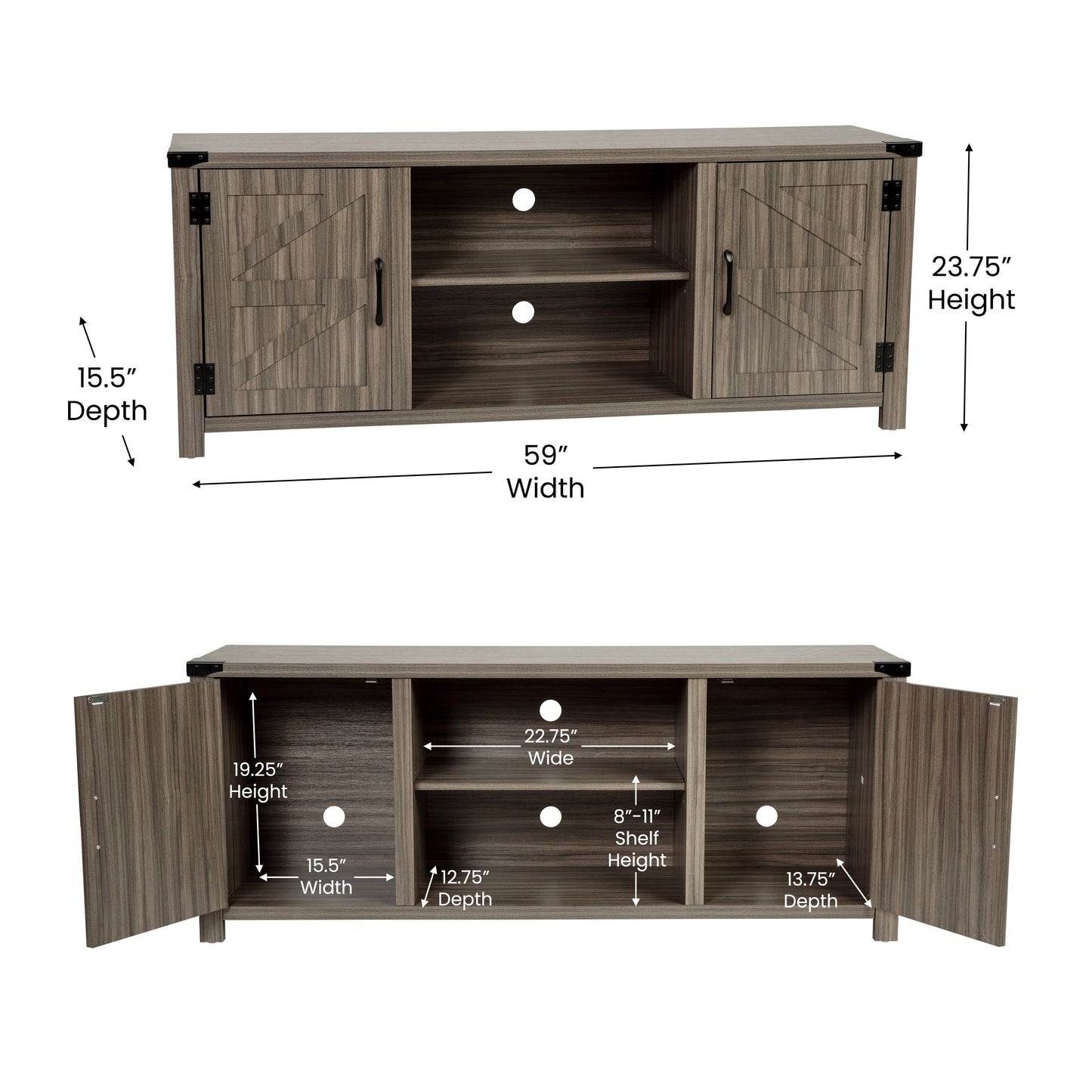 Charlotte Modern Farmhouse Barn Door TV Stand-Gray Wash Oak for TV's up to 65 Inches-59" Entertainment Center with Adjustable Shelf Gray