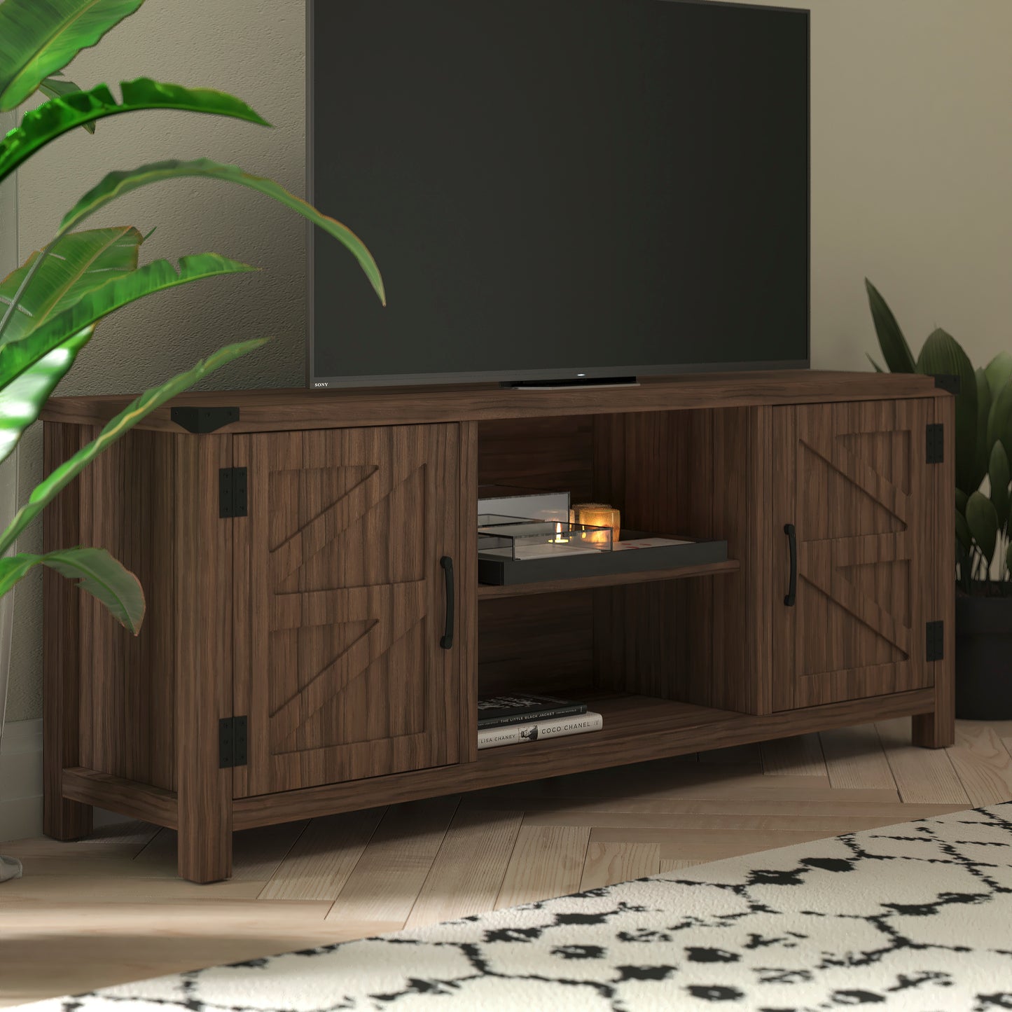 Charlotte Modern Farmhouse Barn Door TV Stand-Gray Wash Oak for TV's up to 65 Inches-59" Entertainment Center with Adjustable Shelf Gray