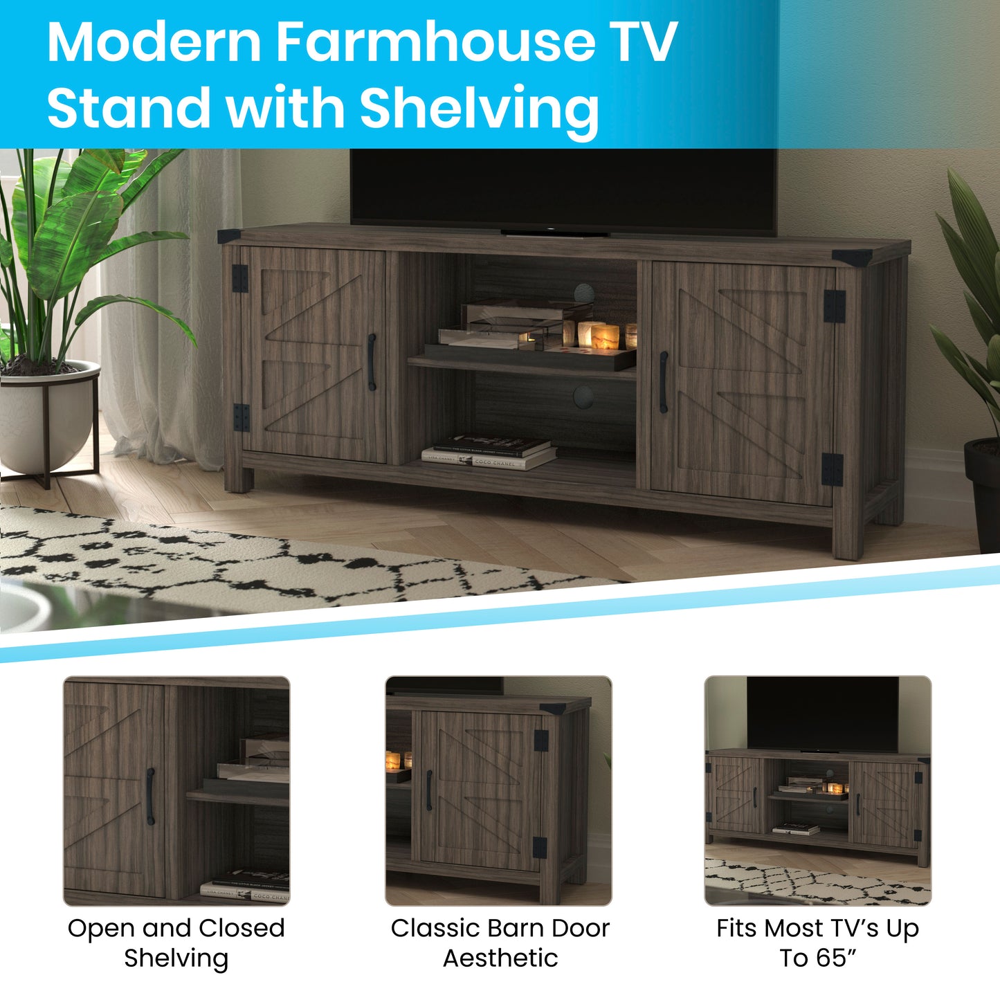 Charlotte Modern Farmhouse Barn Door TV Stand-Gray Wash Oak for TV's up to 65 Inches-59" Entertainment Center with Adjustable Shelf Gray