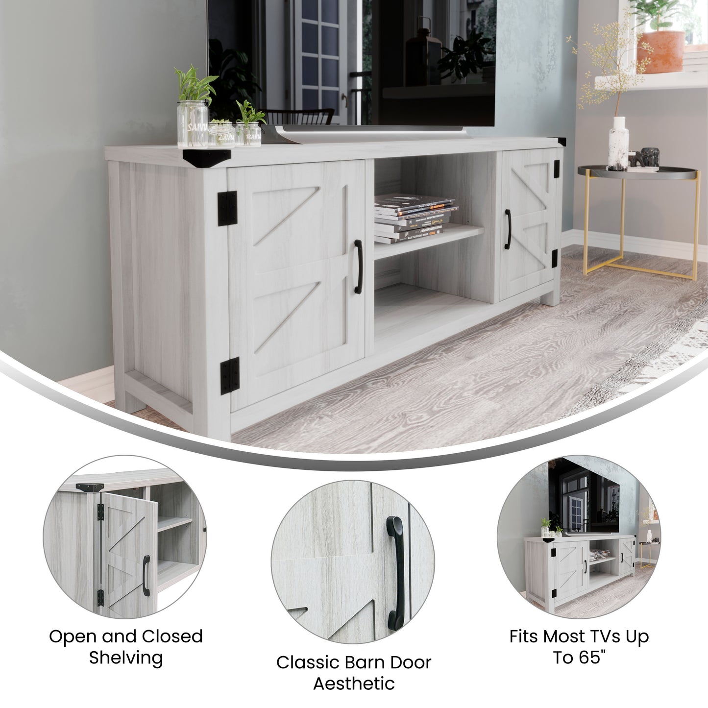 Charlotte Modern Farmhouse Barn Door TV Stand in Light Gray for TV's up to 65 Inches - 58 Inch Industrial Entertainment Center with Adjustable Shelf Light Gray