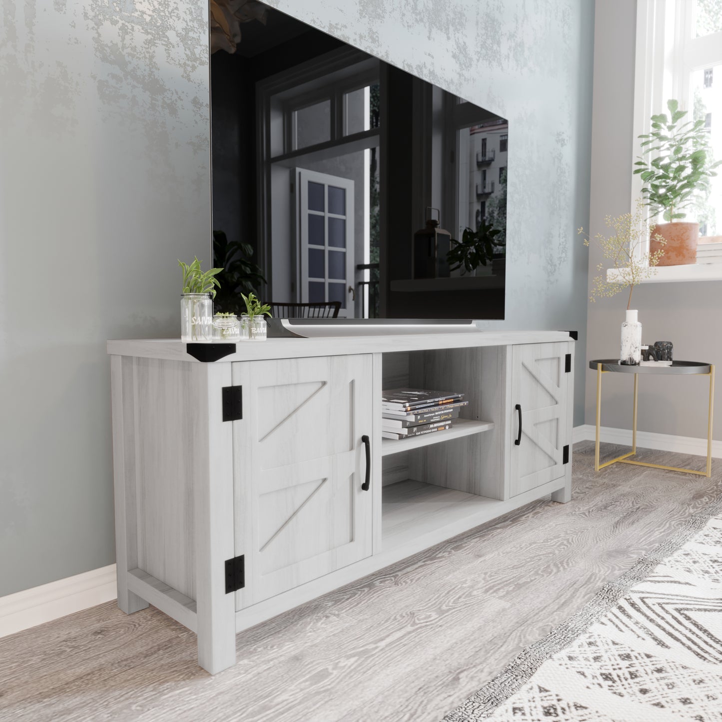Charlotte Modern Farmhouse Barn Door TV Stand in Light Gray for TV's up to 65 Inches - 58 Inch Industrial Entertainment Center with Adjustable Shelf Light Gray