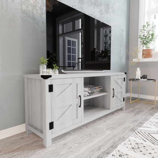 Charlotte Modern Farmhouse Barn Door TV Stand in Light Gray for TV's up to 65 Inches - 58 Inch Industrial Entertainment Center with Adjustable Shelf Light Gray
