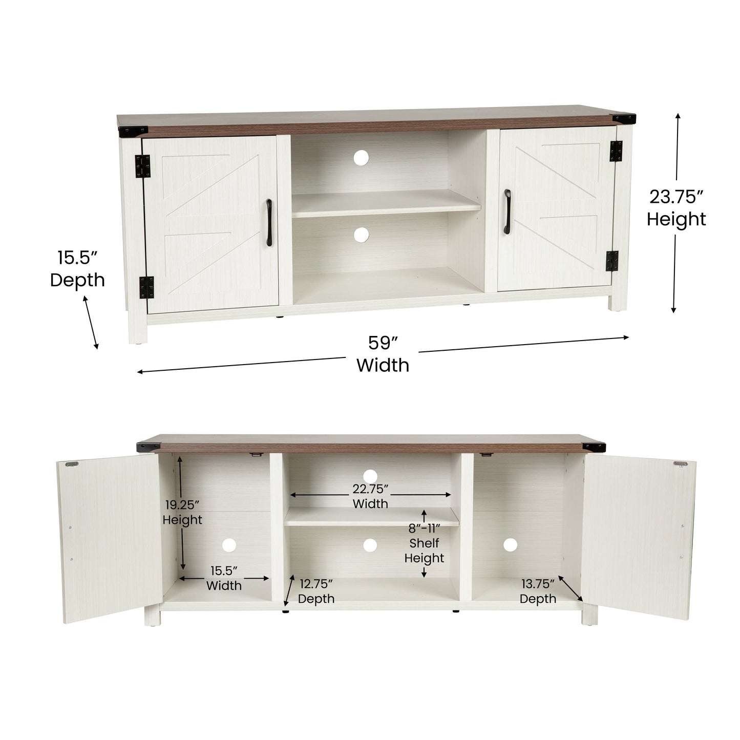 Charlotte Modern Farmhouse Barn Door TV Stand in White for TV's up to 65 Inches - 59 Inch Entertainment Center with Adjustable Shelf White