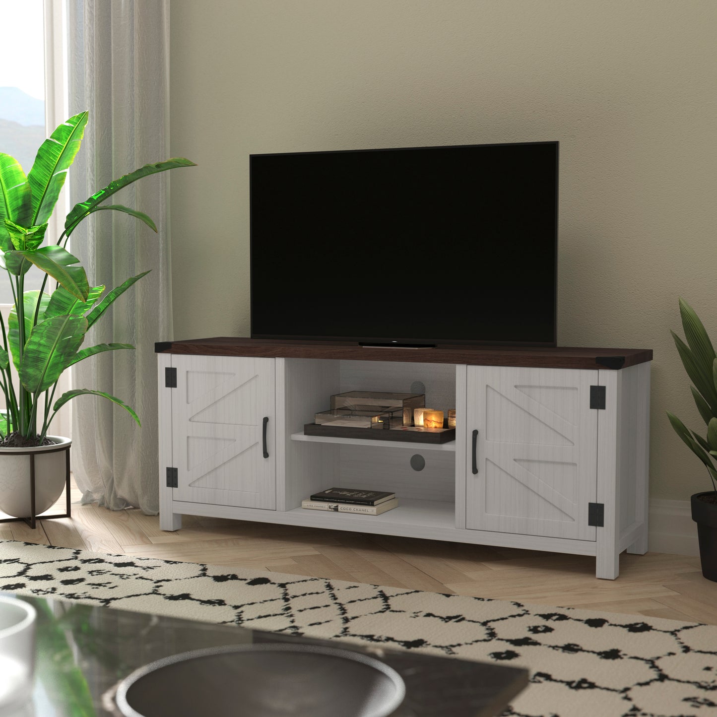 Charlotte Modern Farmhouse Barn Door TV Stand in White for TV's up to 65 Inches - 59 Inch Entertainment Center with Adjustable Shelf White