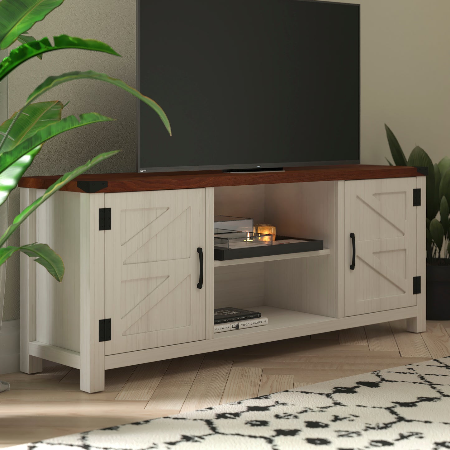 Charlotte Modern Farmhouse Barn Door TV Stand in White for TV's up to 65 Inches - 59 Inch Entertainment Center with Adjustable Shelf White