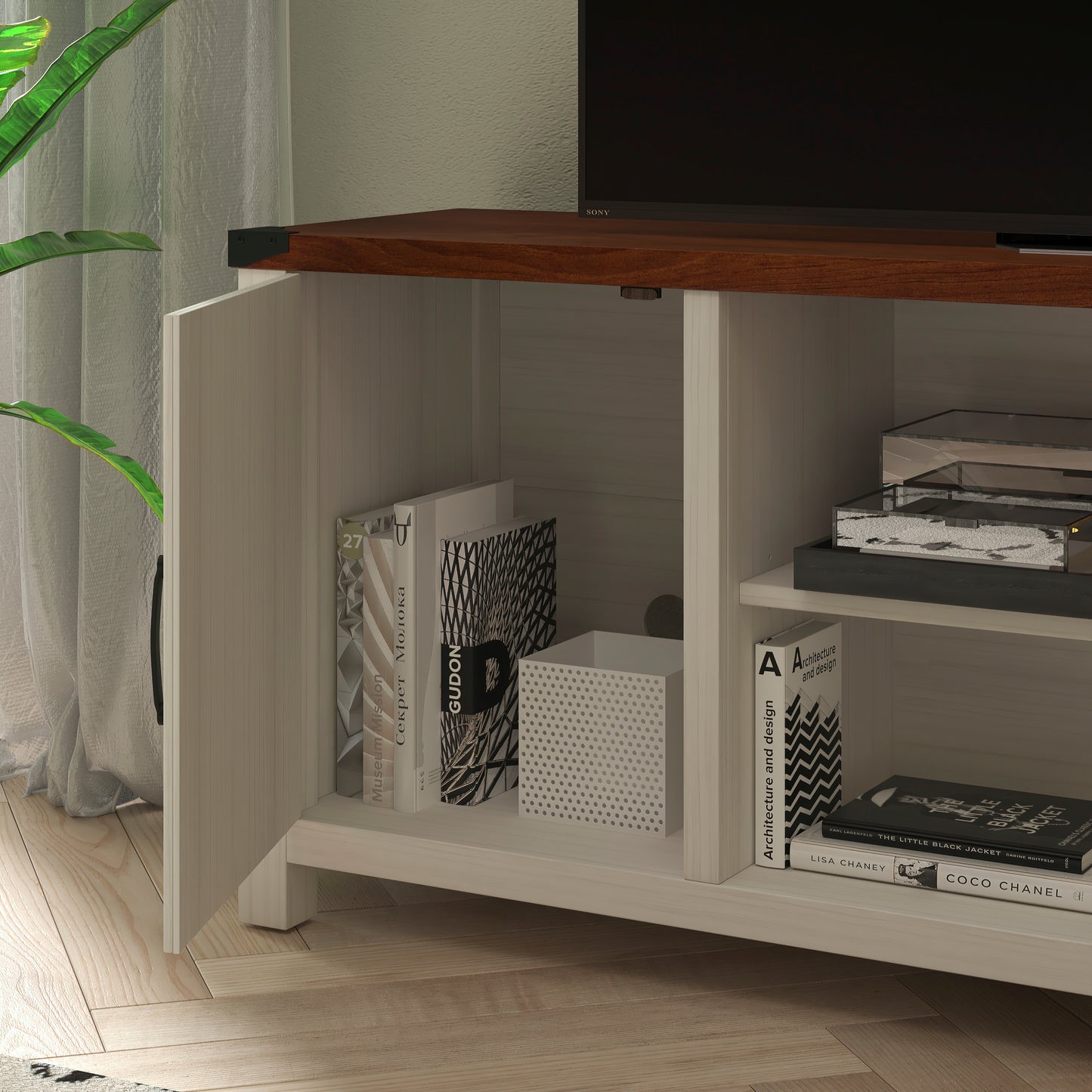 Charlotte Modern Farmhouse Barn Door TV Stand in White for TV's up to 65 Inches - 59 Inch Entertainment Center with Adjustable Shelf White
