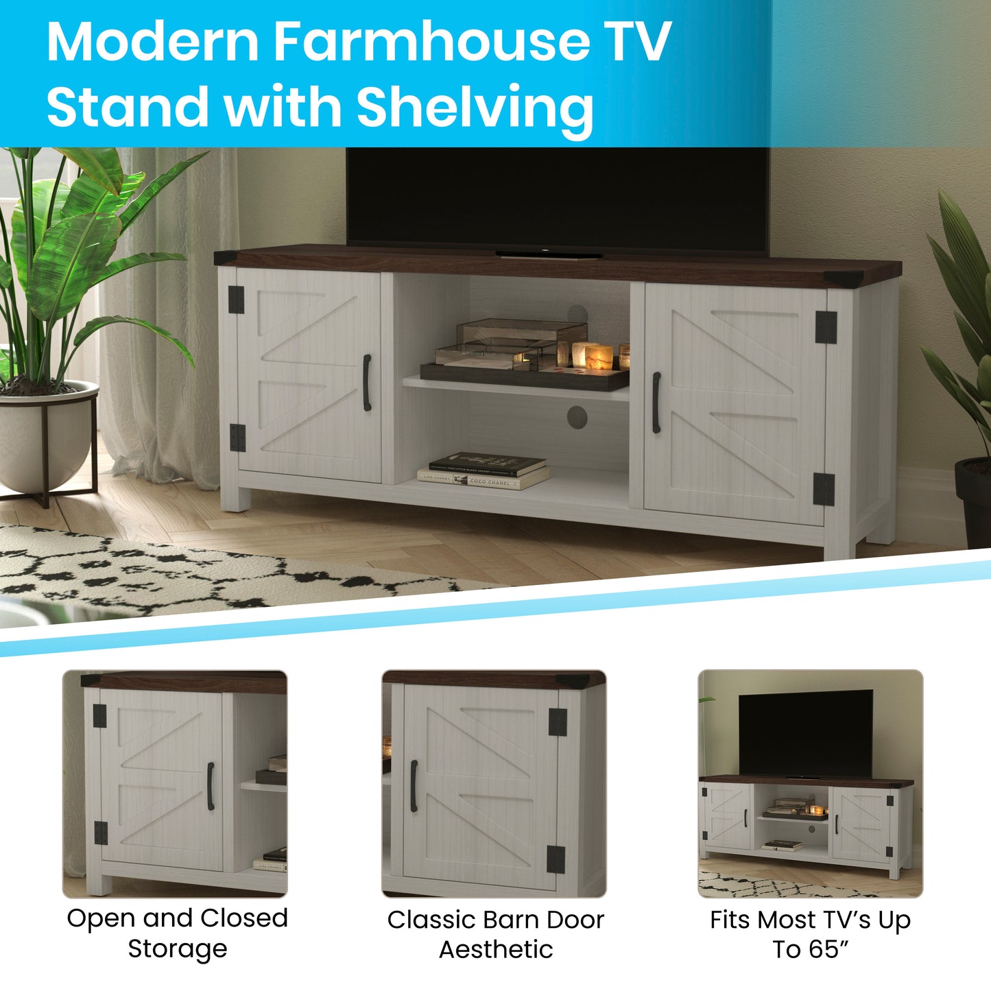 Charlotte Modern Farmhouse Barn Door TV Stand in White for TV's up to 65 Inches - 59 Inch Entertainment Center with Adjustable Shelf White