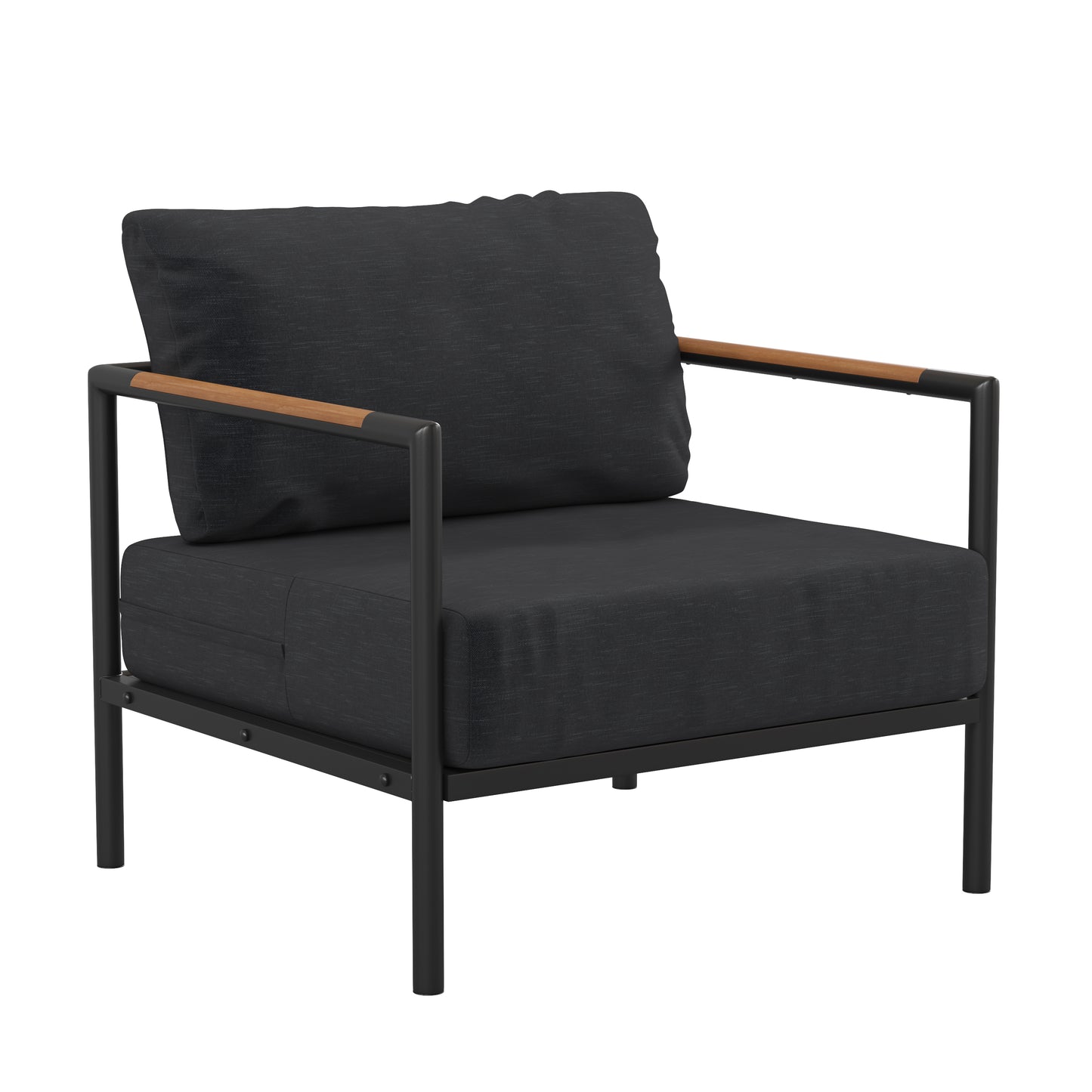 Lea Indoor/Outdoor Patio Chair with Cushions - Modern Aluminum Framed Chair with Teak Accented Arms, Black with Charcoal Cushions Charcoal