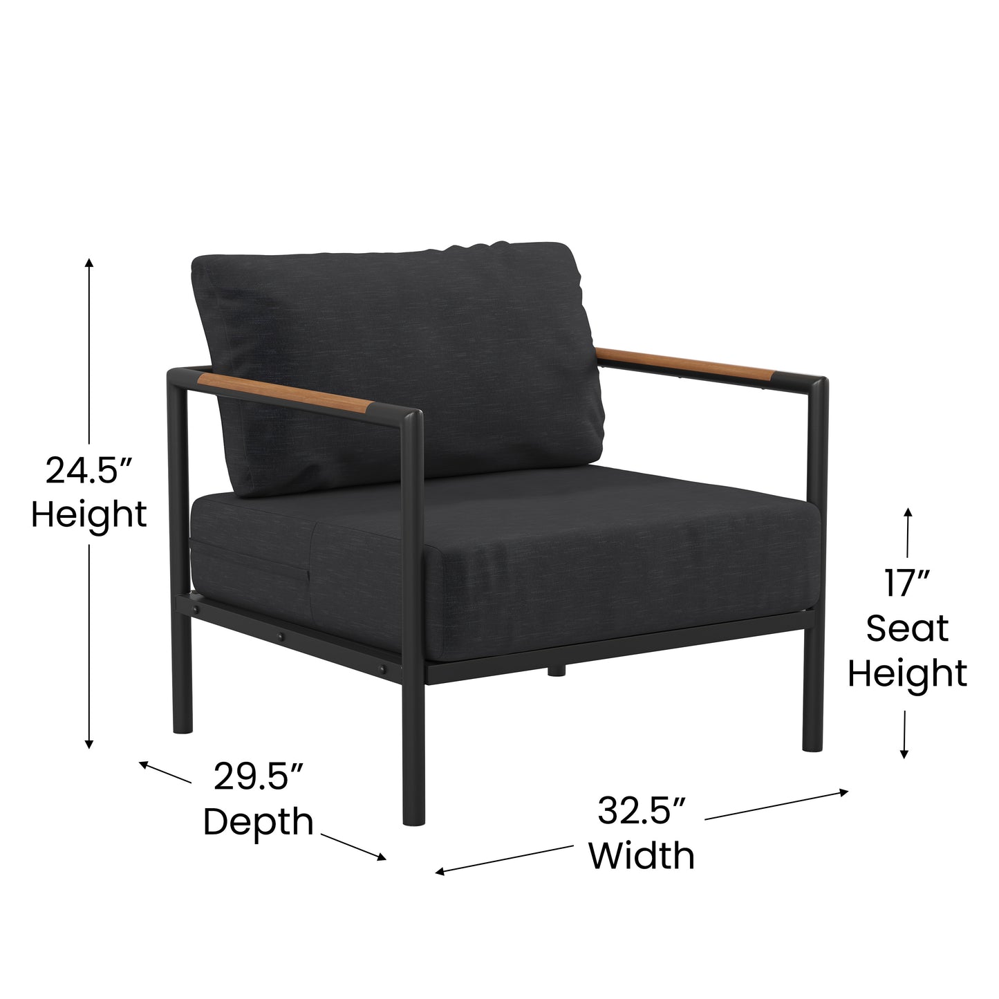 Lea Indoor/Outdoor Patio Chair with Cushions - Modern Aluminum Framed Chair with Teak Accented Arms, Black with Charcoal Cushions Charcoal