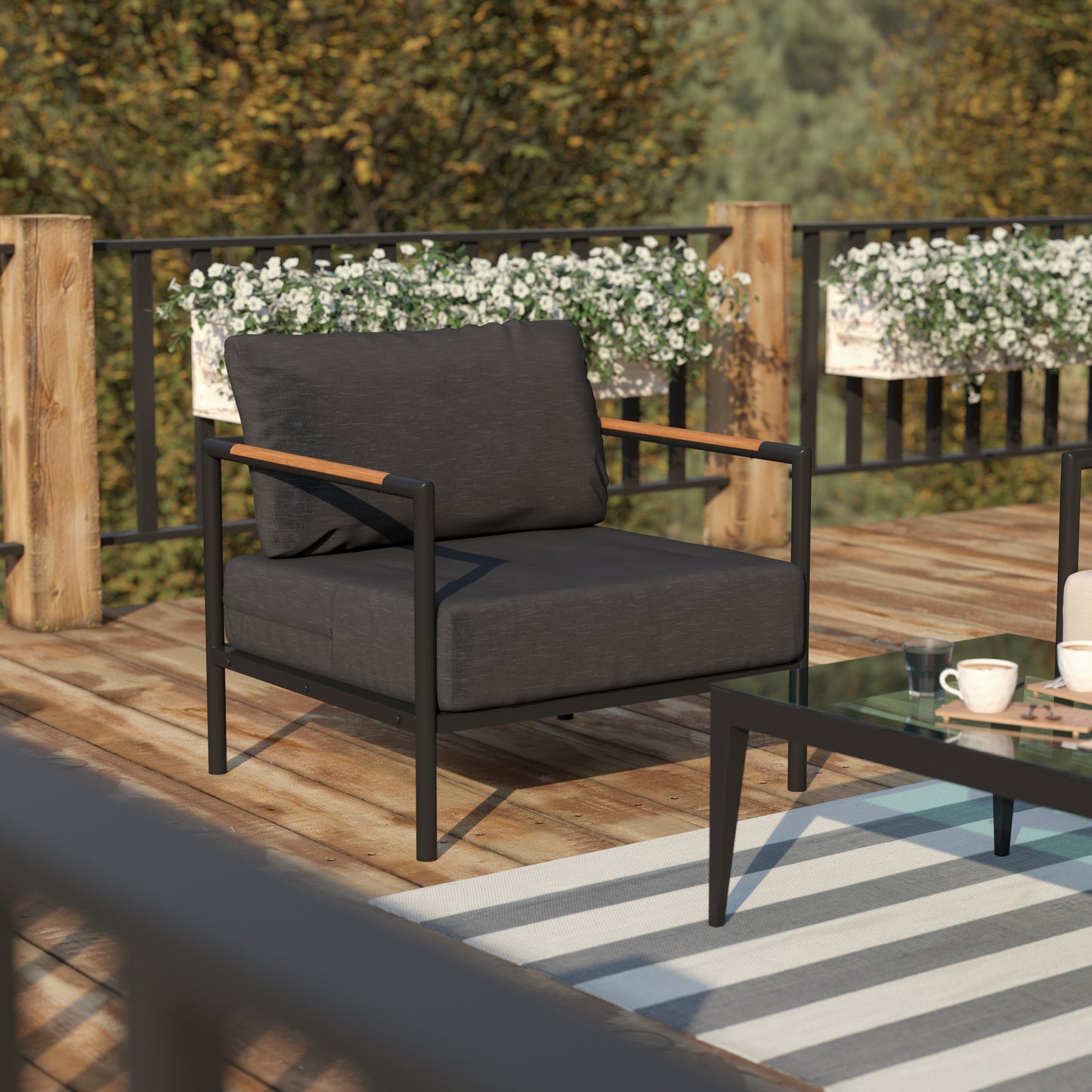 Lea Indoor/Outdoor Patio Chair with Cushions - Modern Aluminum Framed Chair with Teak Accented Arms, Black with Charcoal Cushions Charcoal