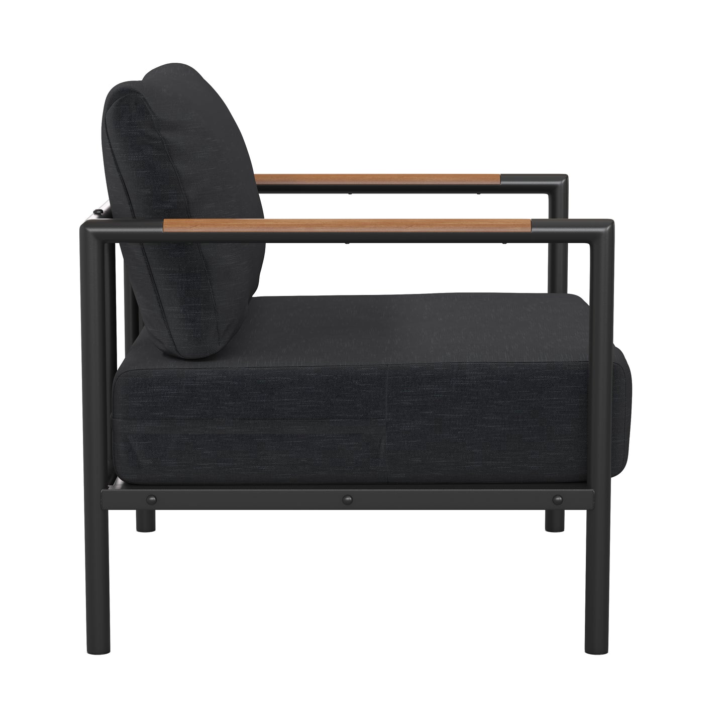 Lea Indoor/Outdoor Patio Chair with Cushions - Modern Aluminum Framed Chair with Teak Accented Arms, Black with Charcoal Cushions Charcoal