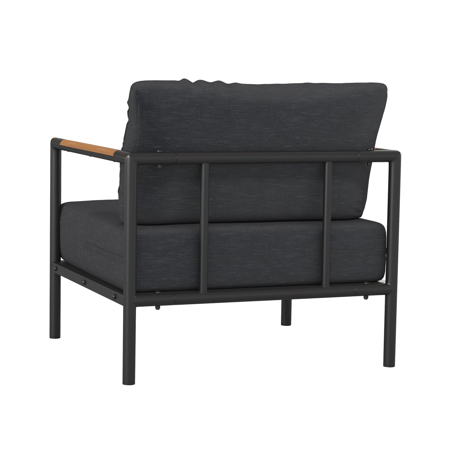 Lea Indoor/Outdoor Patio Chair with Cushions - Modern Aluminum Framed Chair with Teak Accented Arms, Black with Charcoal Cushions Charcoal