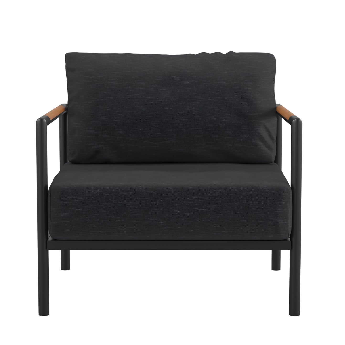 Lea Indoor/Outdoor Patio Chair with Cushions - Modern Aluminum Framed Chair with Teak Accented Arms, Black with Charcoal Cushions Charcoal