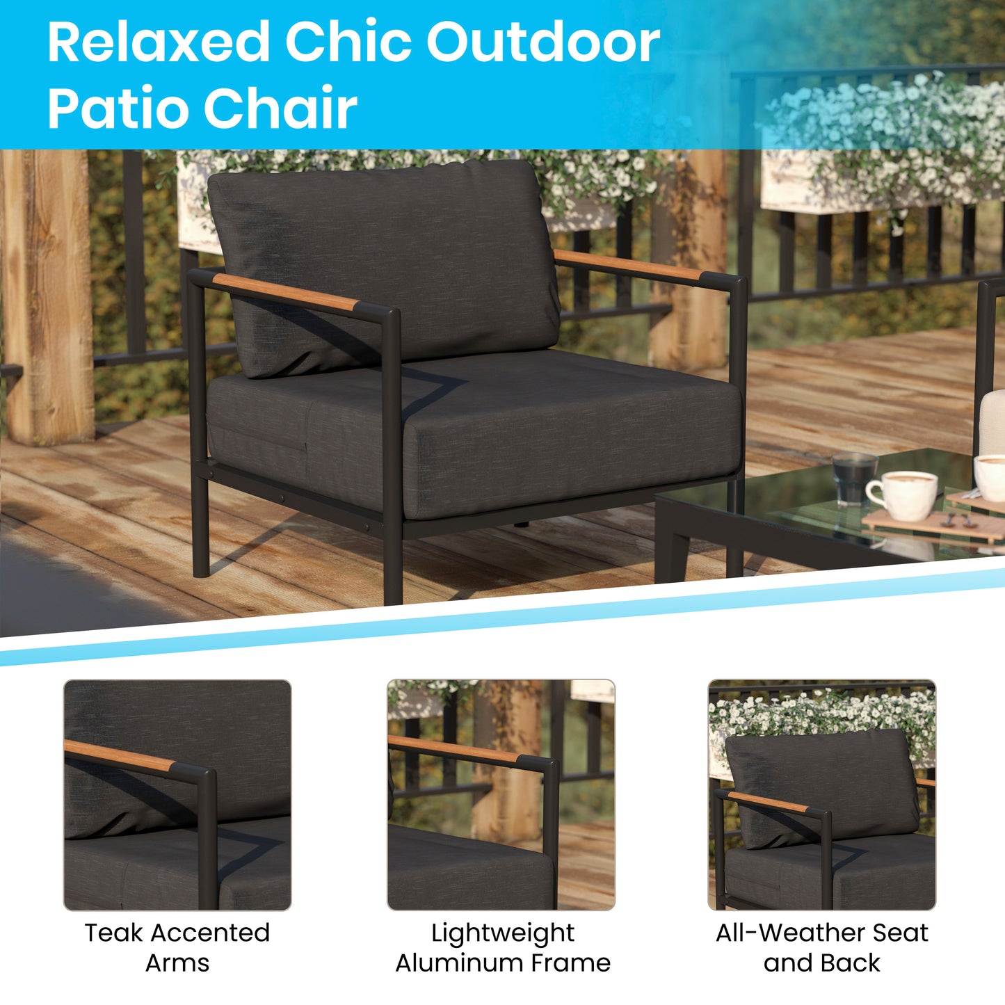 Lea Indoor/Outdoor Patio Chair with Cushions - Modern Aluminum Framed Chair with Teak Accented Arms, Black with Charcoal Cushions Charcoal